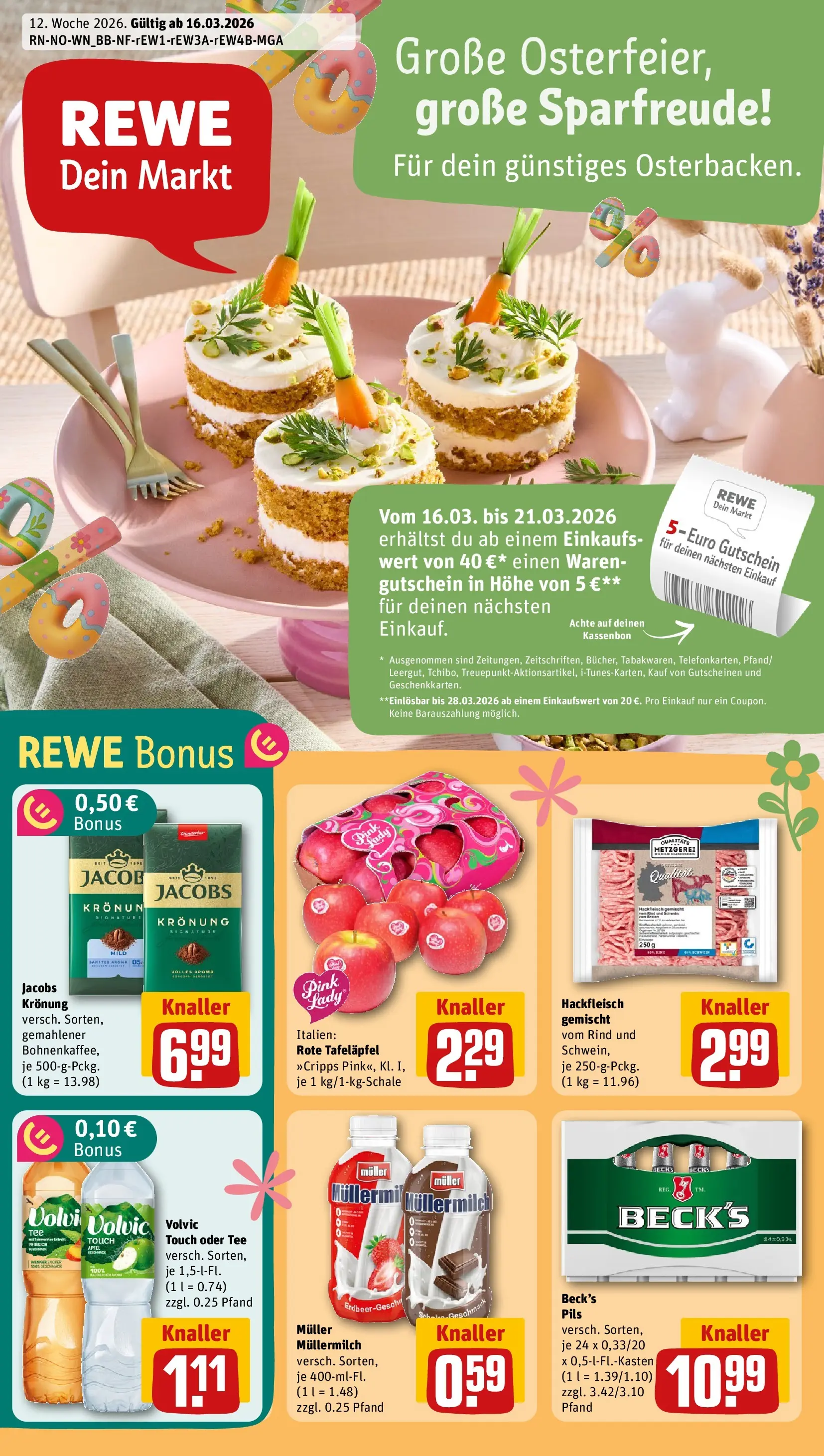 REWE Prospekt ab 15.03.2026 zum Blättern » Angebote | Seite: 1 | Produkte: Äpfel, Pfirsich, Volvic, Hackfleisch