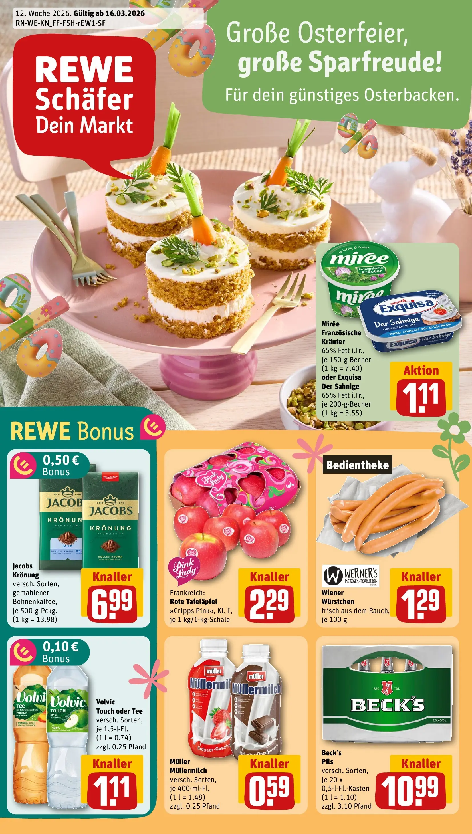 REWE Prospekt ab 15.03.2026 zum Blättern » Angebote | Seite: 1 | Produkte: Wiener wurstchen, Volvic touch, Pfirsich, Müllermilch