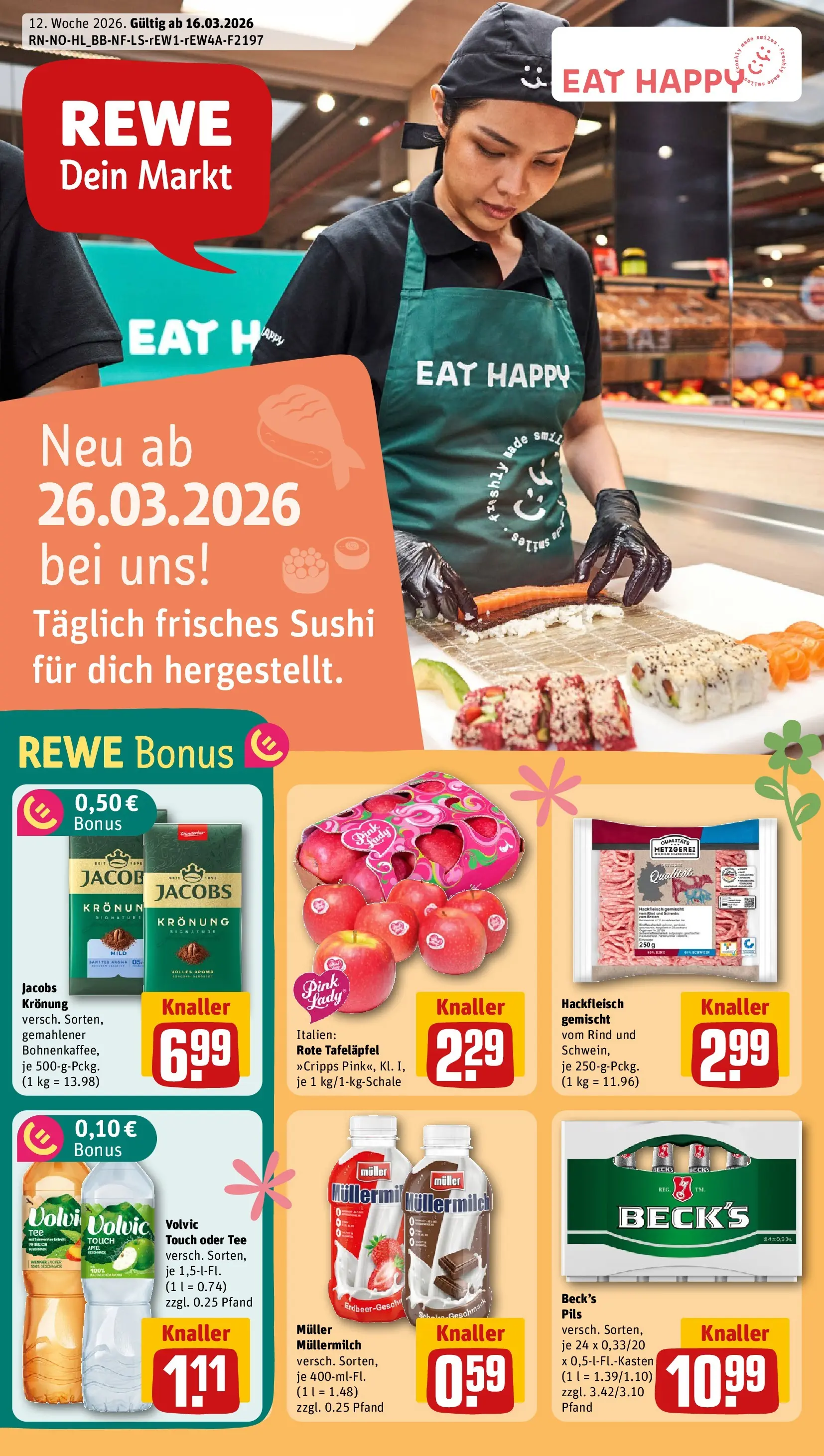 REWE Prospekt ab 15.03.2026 zum Blättern » Angebote | Seite: 1 | Produkte: Pfirsich, Müllermilch, Muller mullermilch, Hackfleisch
