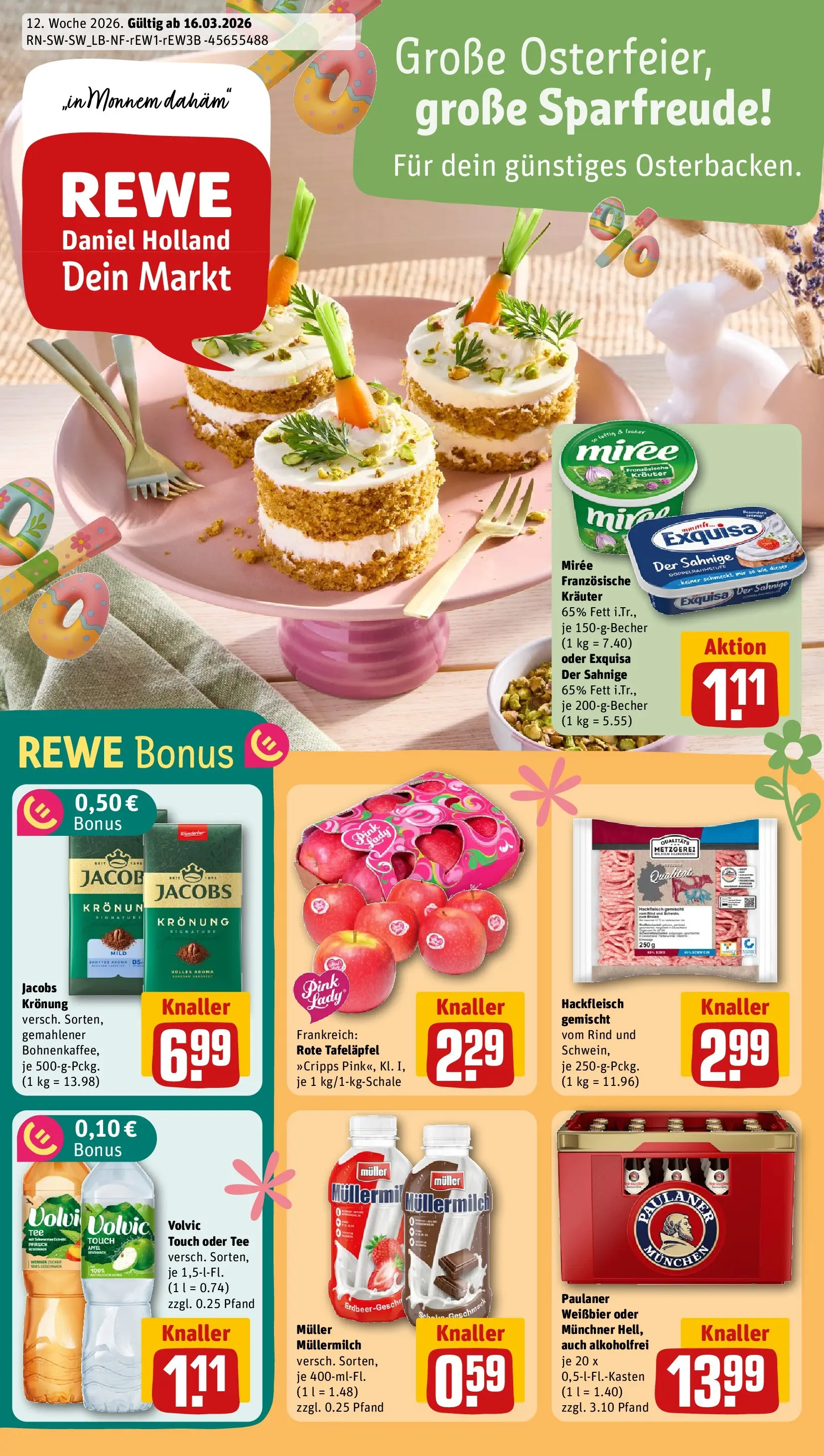 REWE Prospekt ab 15.03.2026 zum Blättern » Angebote | Seite: 1 | Produkte: Müllermilch, Tee, Paulaner, Hackfleisch