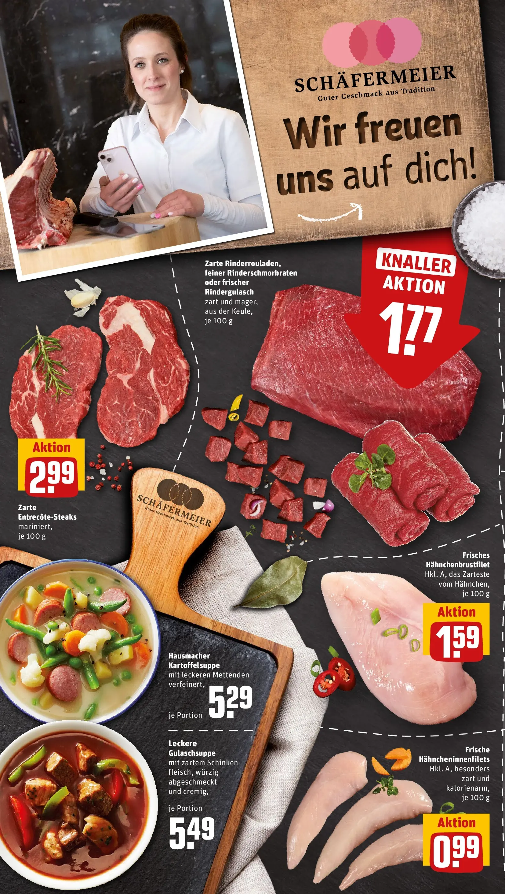 REWE Prospekt ab 15.03.2026 zum Blättern » Angebote | Seite: 6 | Produkte: Rinderrouladen, Rindergulasch, Schinken, Steak