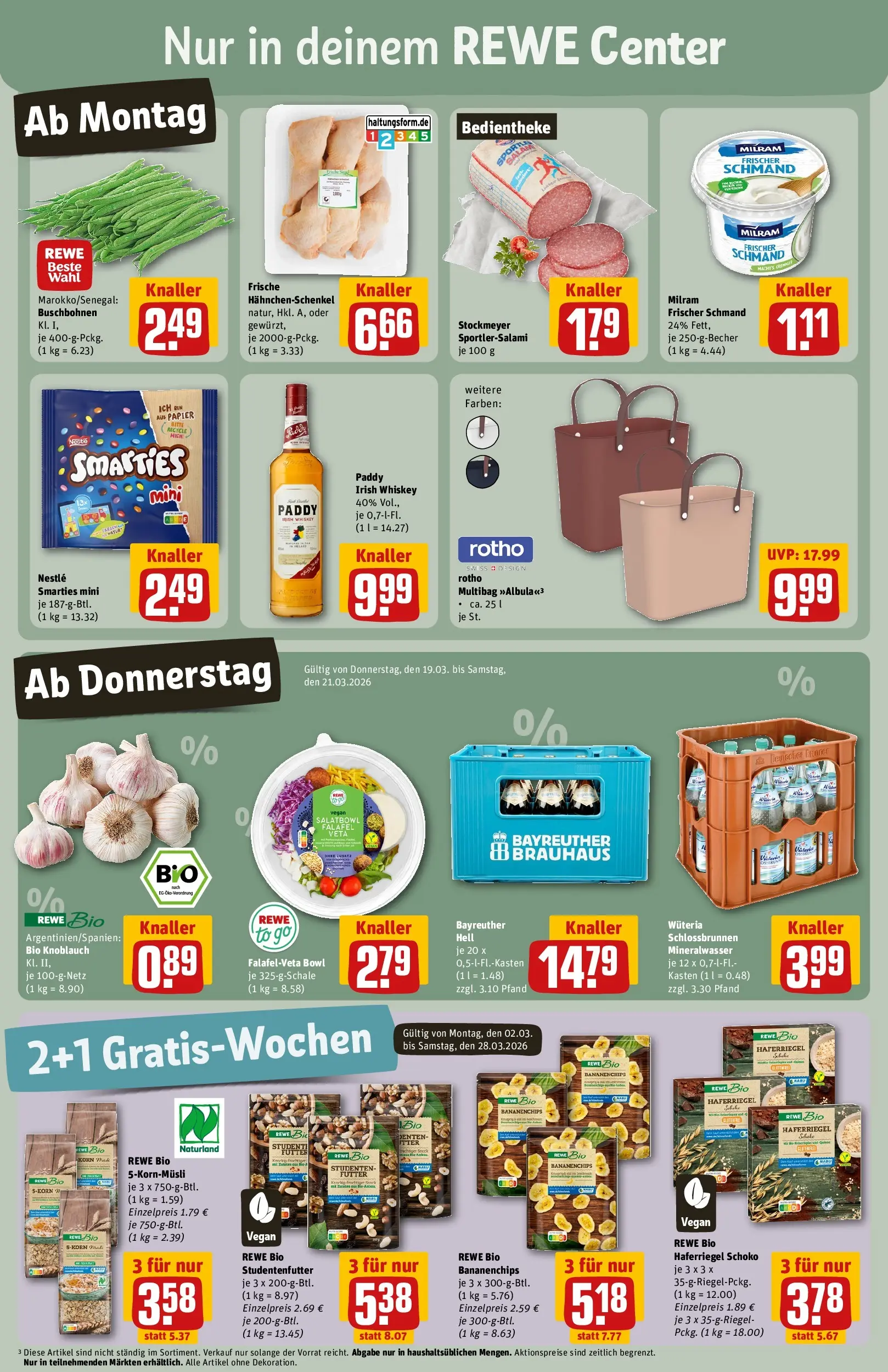 REWE Prospekt ab 15.03.2026 zum Blättern » Angebote | Seite: 3 | Produkte: Hahnchenschenkel, Smarties, Knoblauch, Salami