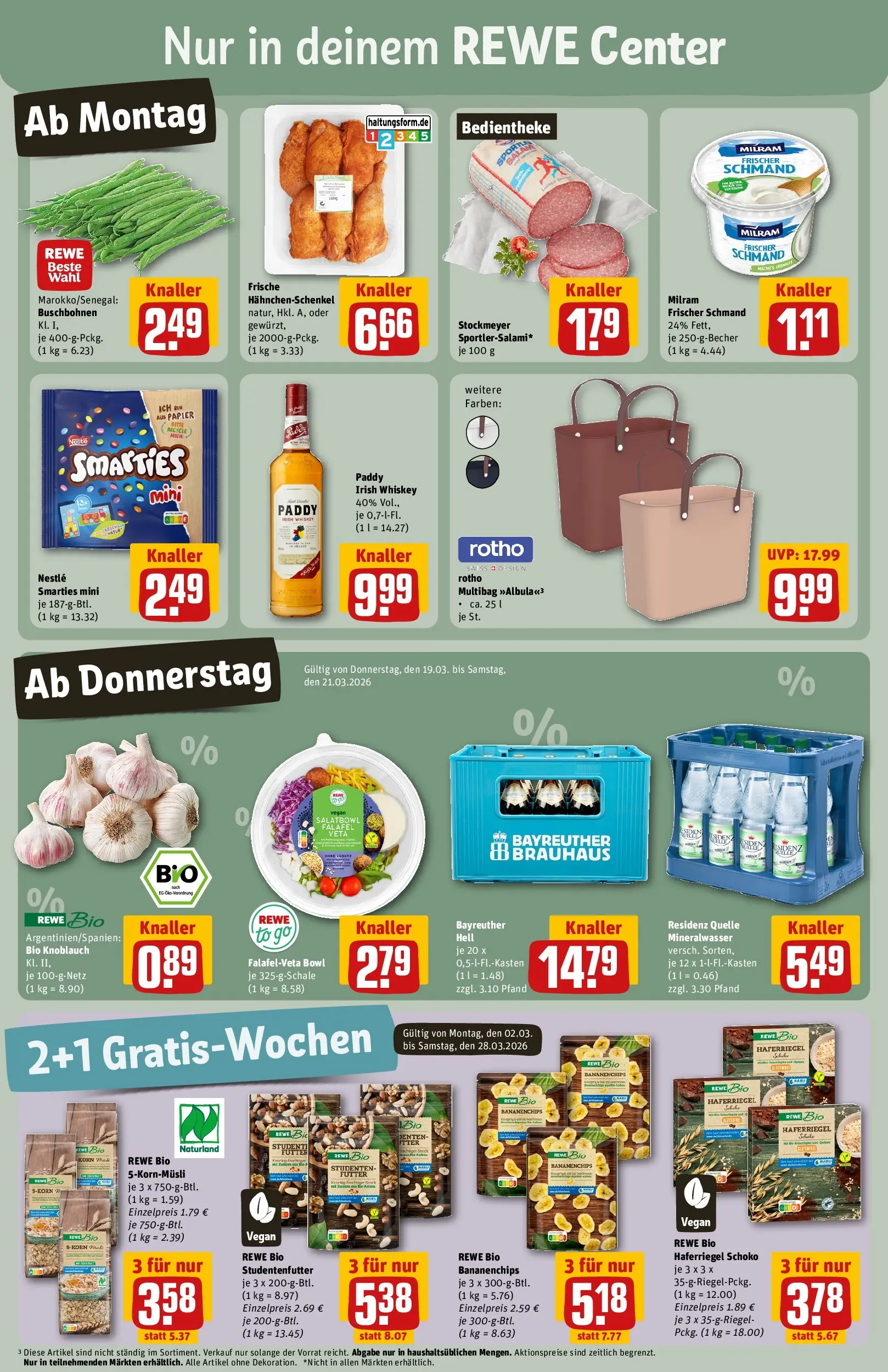 REWE Prospekt ab 15.03.2026 zum Blättern » Angebote | Seite: 3 | Produkte: Hahnchenschenkel, Knoblauch, Salami, Chips