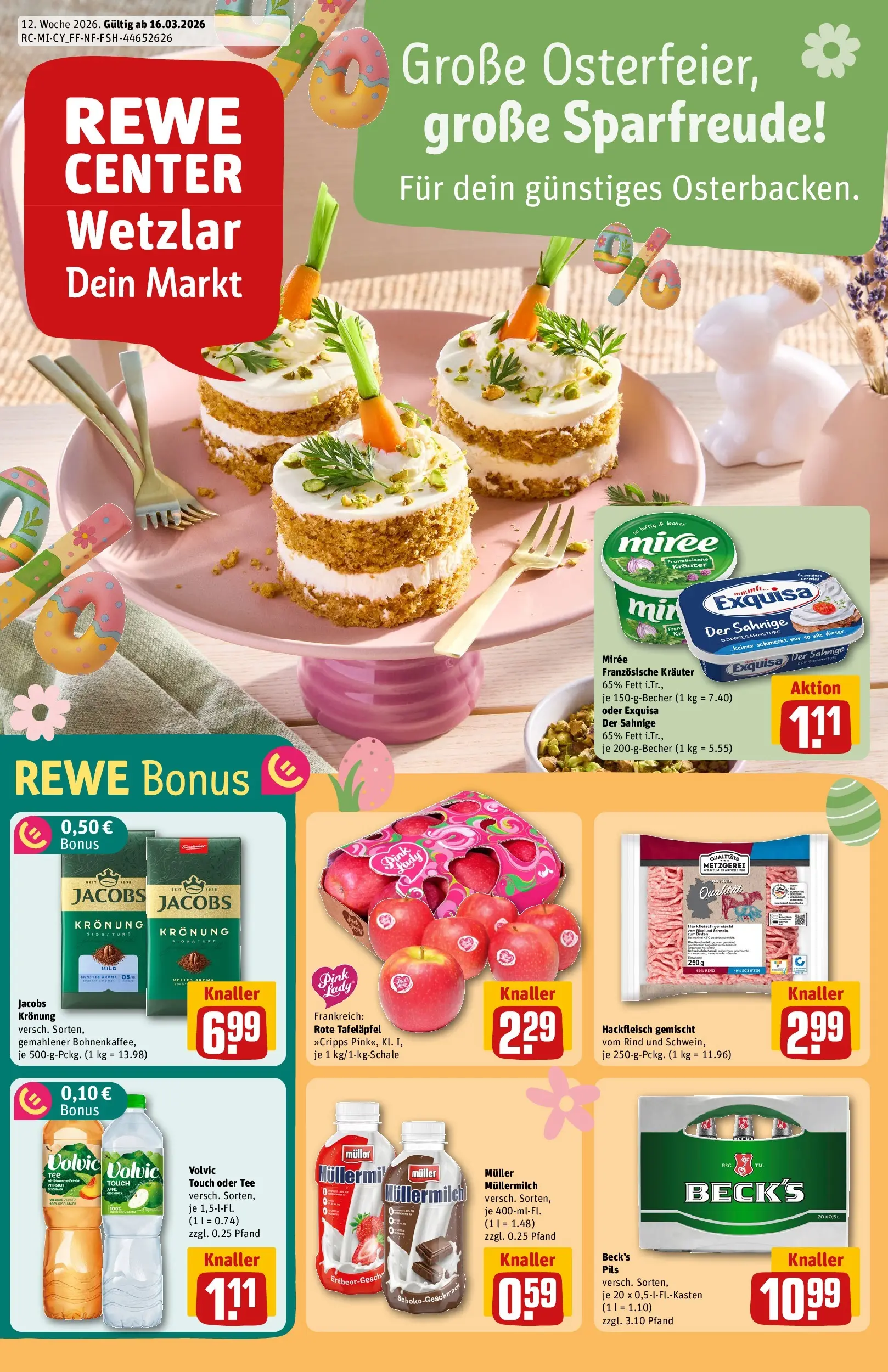 REWE Prospekt ab 15.03.2026 zum Blättern » Angebote | Seite: 1 | Produkte: Müllermilch, Tee, Volvic, Hackfleisch