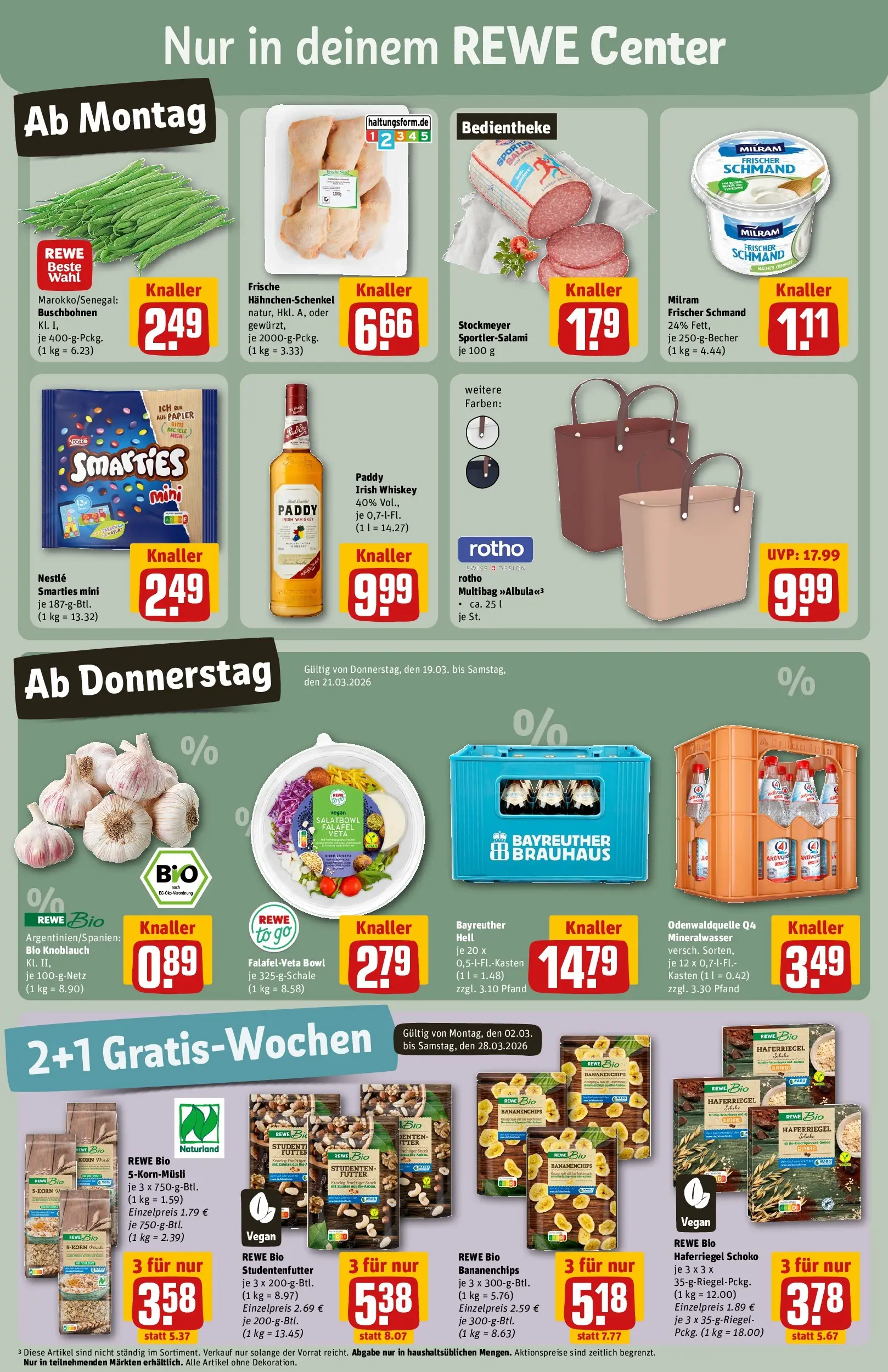 REWE Prospekt ab 15.03.2026 zum Blättern » Angebote | Seite: 3 | Produkte: Bayreuther hell, Hahnchenschenkel, Milram, Salami