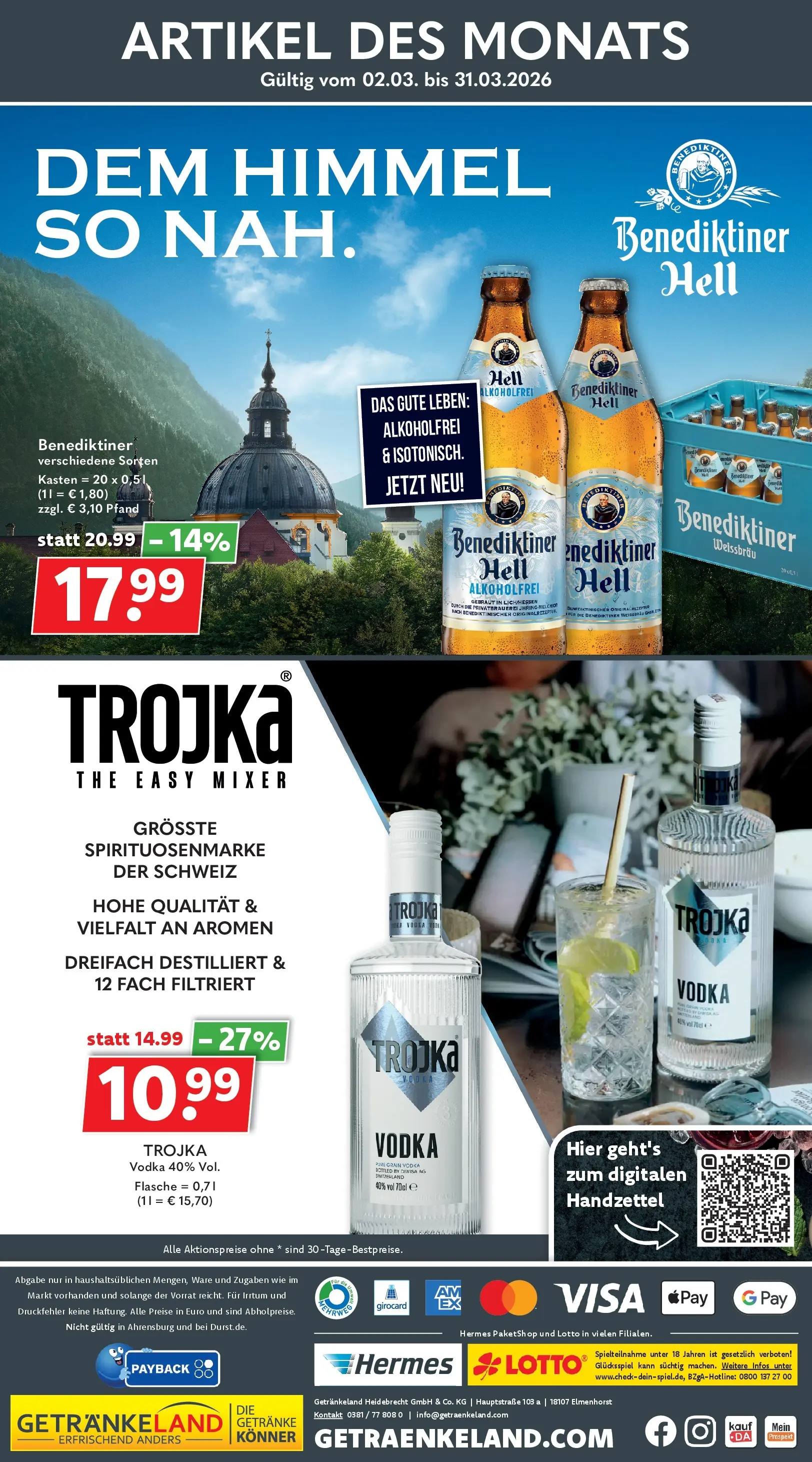 Getränkeland - Getränkeland: Getränkeangebote (ab 15.03.2026) zum Blättern | Seite: 8 | Produkte: Mixer, Benediktiner hell, Vodka
