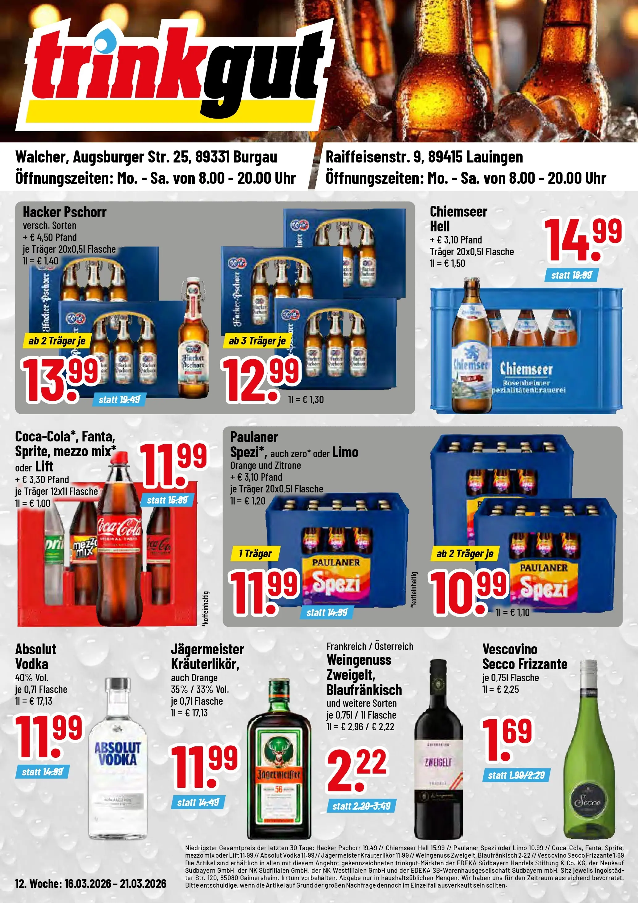 Trinkgut - trinkgut: Wochenangebote (ab 15.03.2026) » Angebote online | Seite: 1 | Produkte: Mezzo mix, Jägermeister, Vodka, Paulaner
