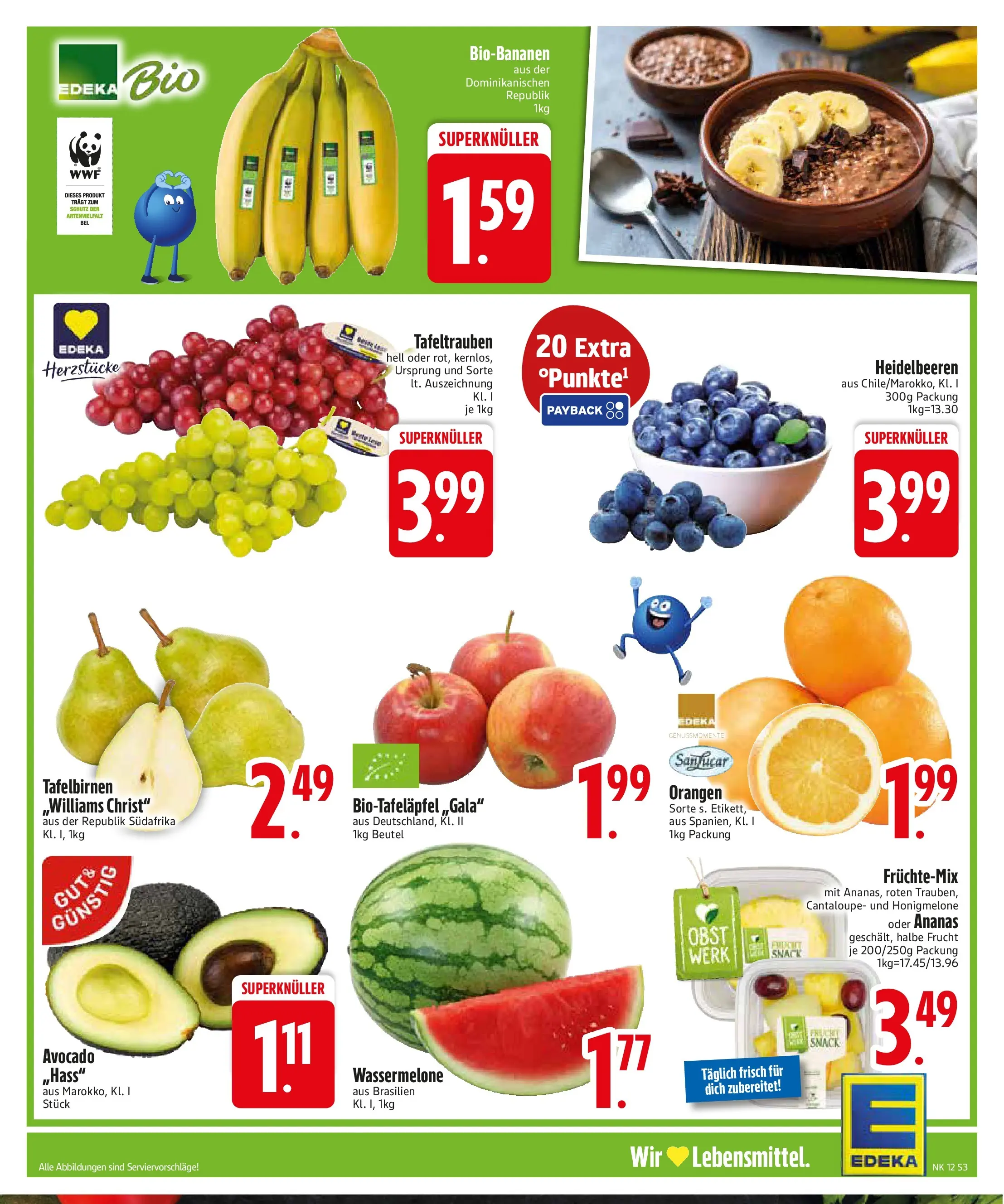 Edeka  Prospekt Vilsbiburg	 (ab 16.03.2026) zum Blättern | Seite: 3 | Produkte: Orangen, Ananas, Heidelbeeren, Avocado