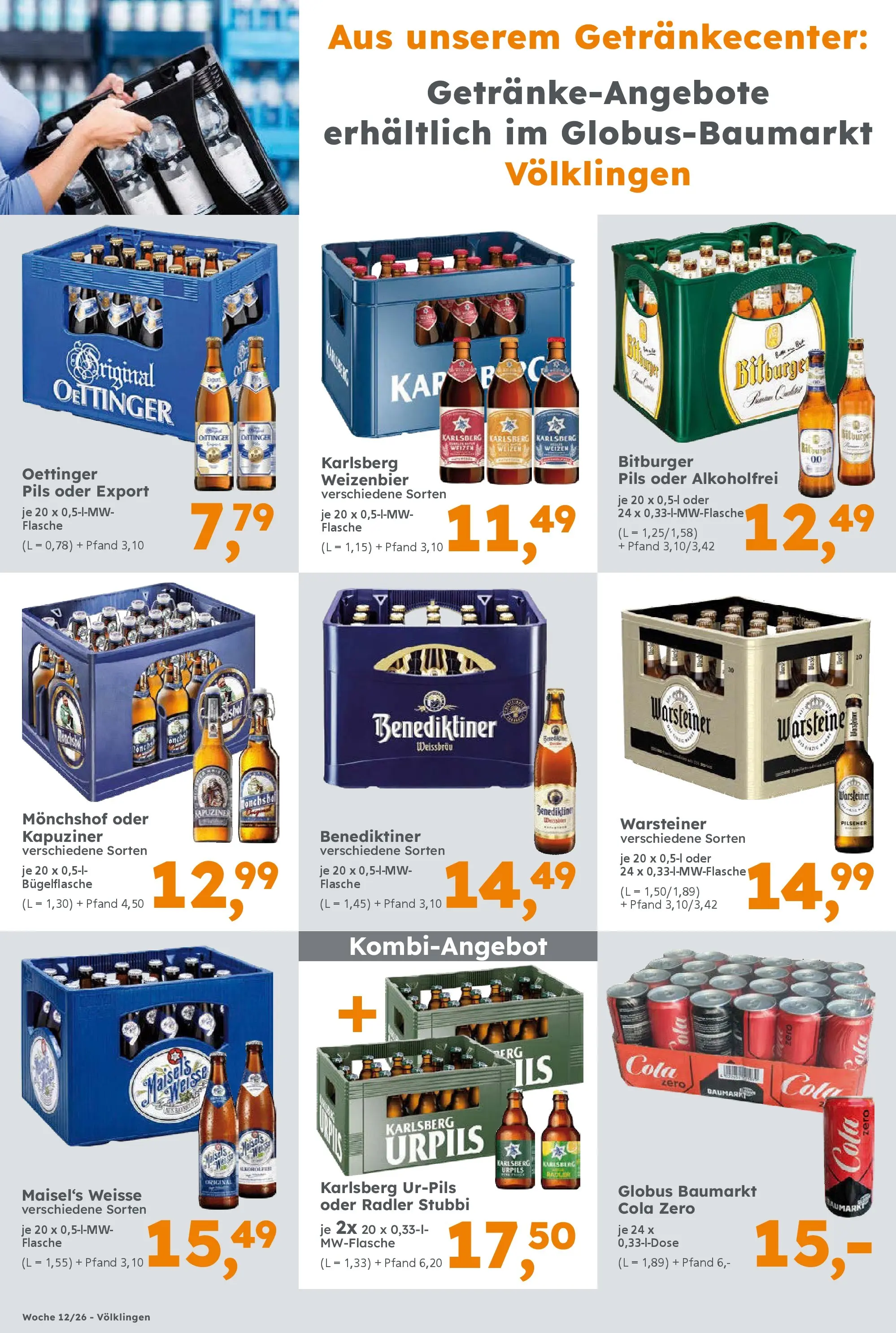 Globus Baumarkt Prospekt Saarbrücken	 (ab 16.03.2026) zum Blättern | Seite: 16 | Produkte: Bitburger, Monchshof, Carlsberg, Cola