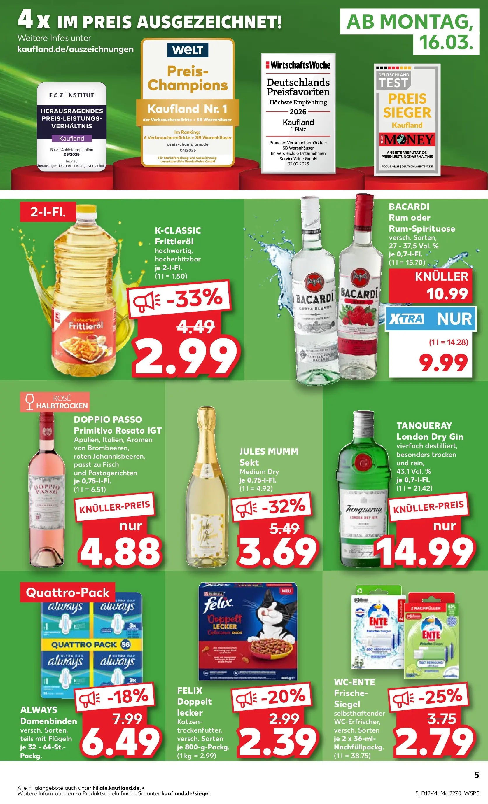 Prospekt Kaufland ab 16.03.2026 » Angebote Online zum Blättern | Seite: 5 | Produkte: Bacardi, Mumm sekt, Fisch, Gin
