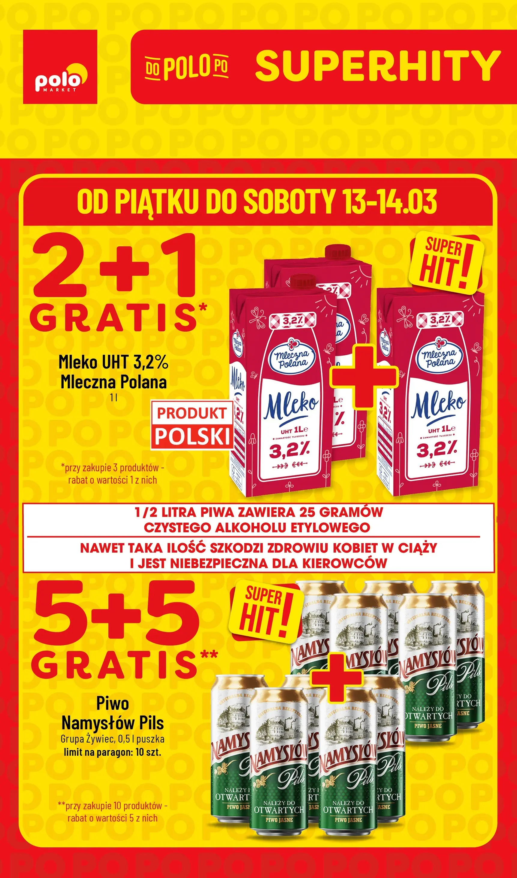 Nowa POLOmarket gazetka od jutra 12.03.2026 | Strona: 1 | Produkty: Mleko, Piwo