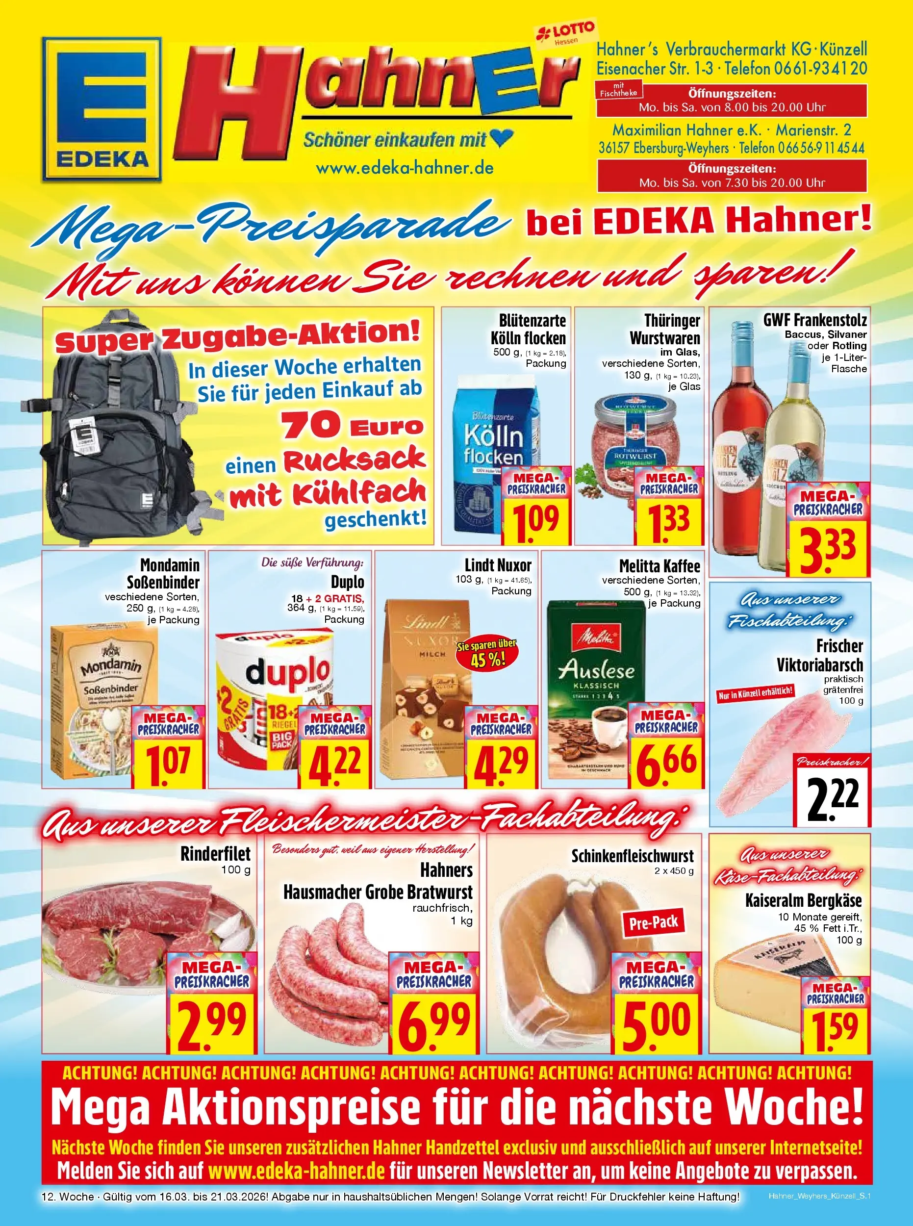 Angebote - Edeka Hahner: Wochenangebote (ab 15.03.2026) zum Blättern | Seite: 1 | Produkte: Kaffee, Bratwurst, Lindt, Telefon