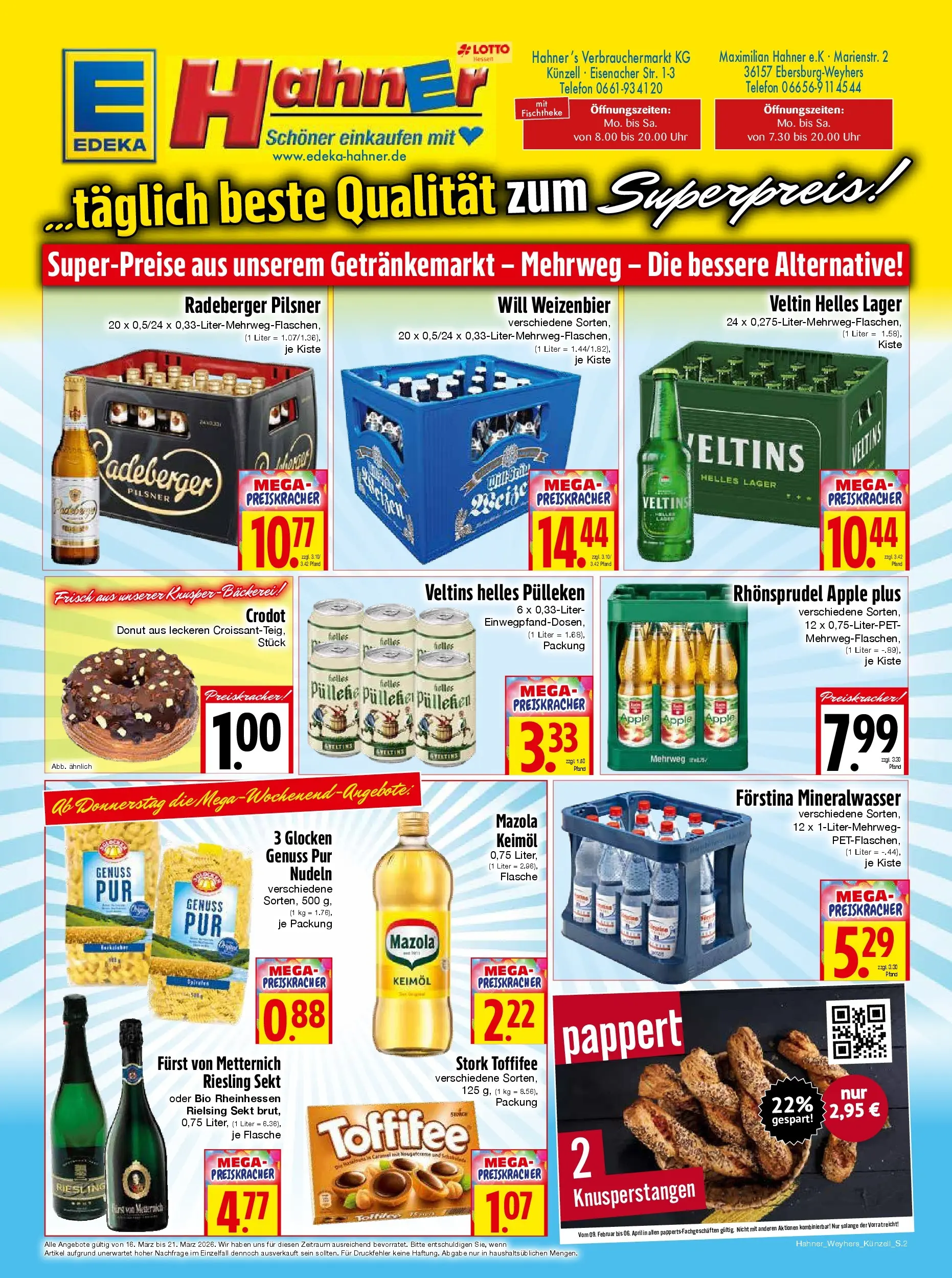 Angebote - Edeka Hahner: Wochenangebote (ab 15.03.2026) zum Blättern | Seite: 2 | Produkte: Furst von metternich, Mineralwasser, Rhonsprudel, Telefon