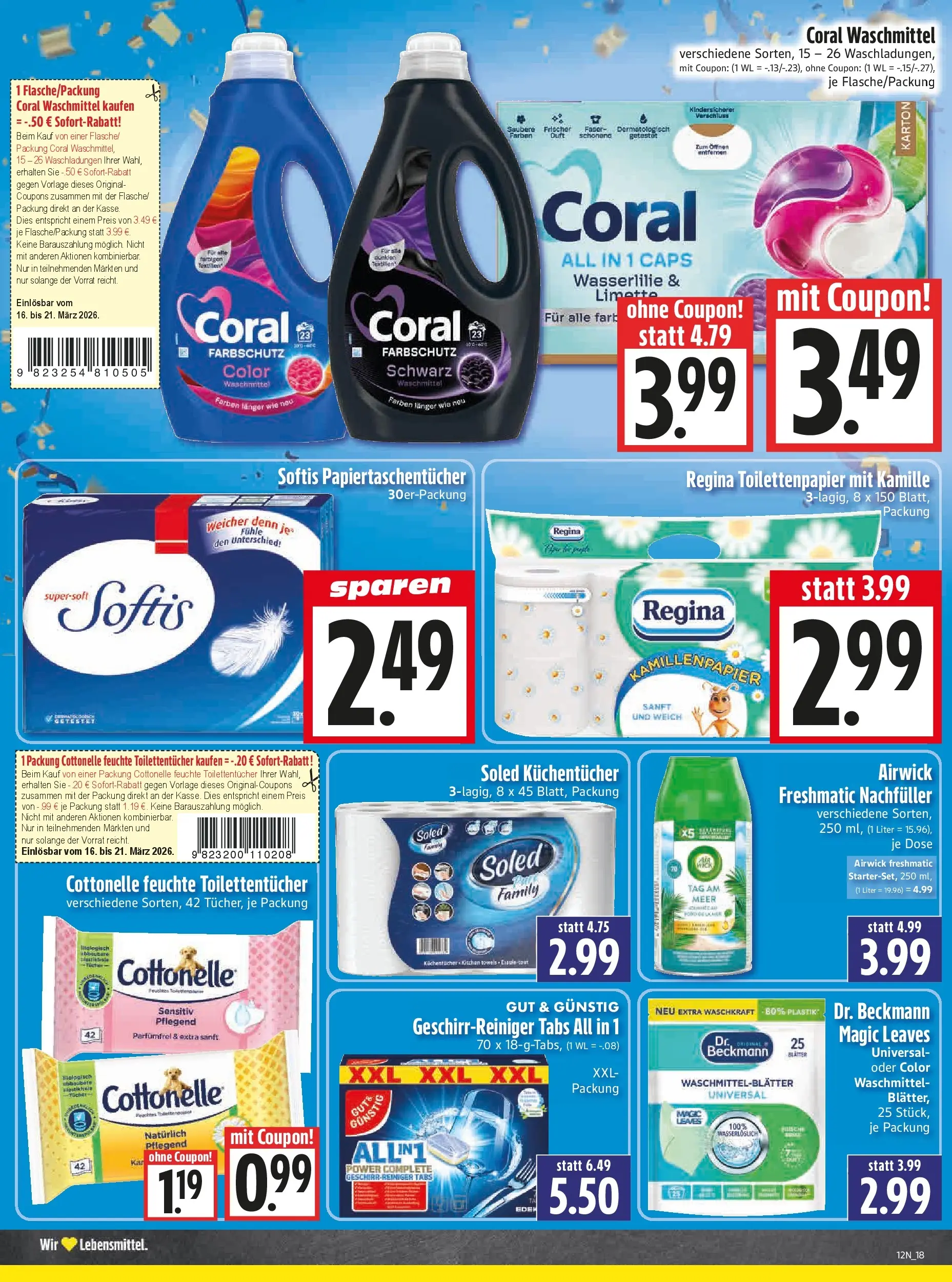 Angebote - Edeka Hahner: Wochenangebote (ab 15.03.2026) zum Blättern | Seite: 21 | Produkte: Coral, Coral waschmittel, Waschmittel, Toilettenpapier
