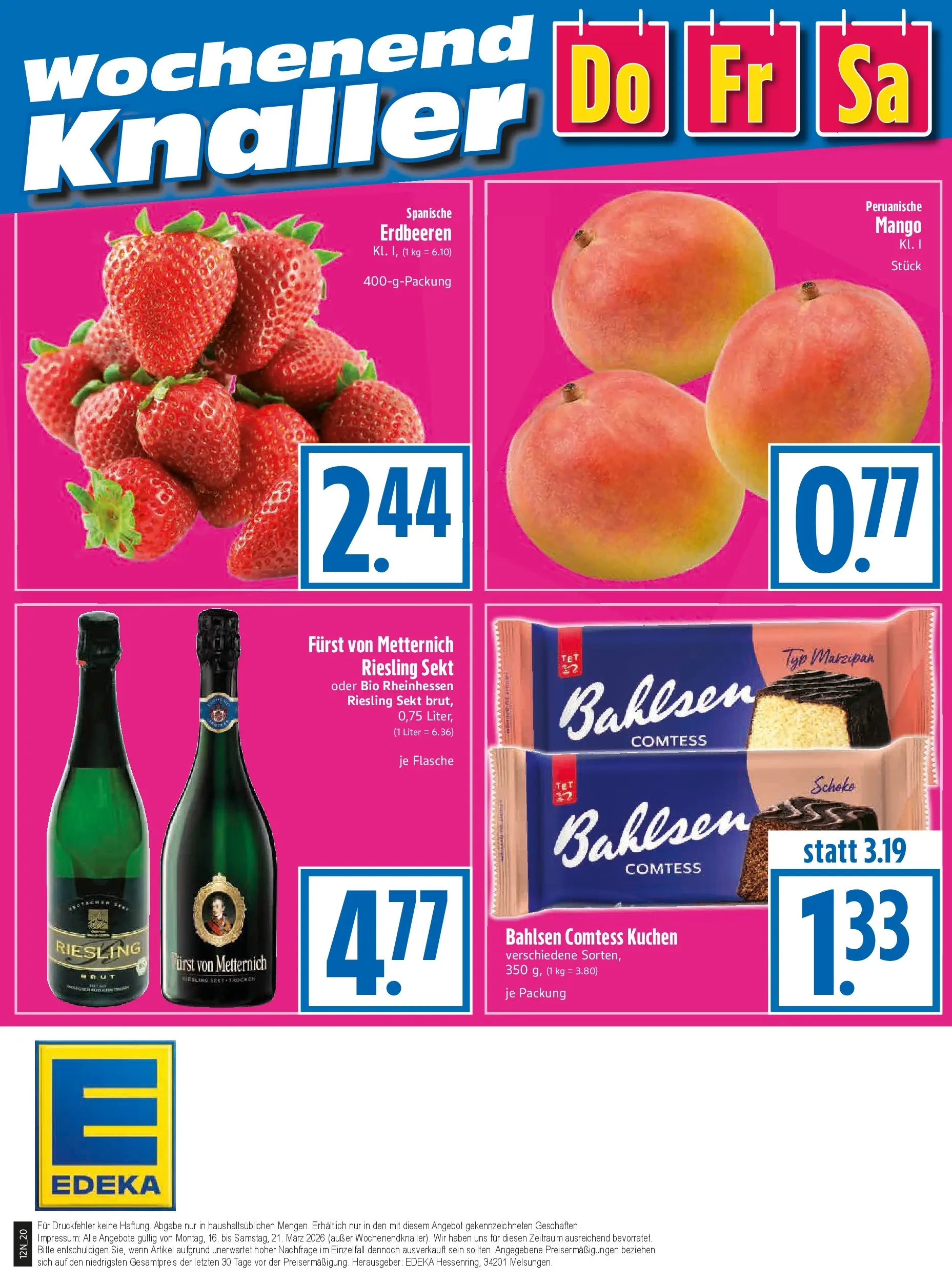 Angebote - Edeka Hahner: Wochenangebote (ab 15.03.2026) zum Blättern | Seite: 23 | Produkte: Sekt, Mango, Kuchen, Erdbeeren
