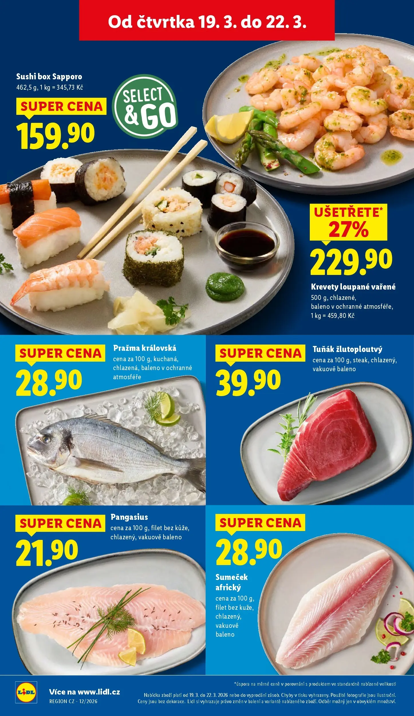 Lidl leták od 18.03.2026 - Nový akční leták | Strana: 12 | Produkty: Tuňák, Pražma, Sushi, Krevety