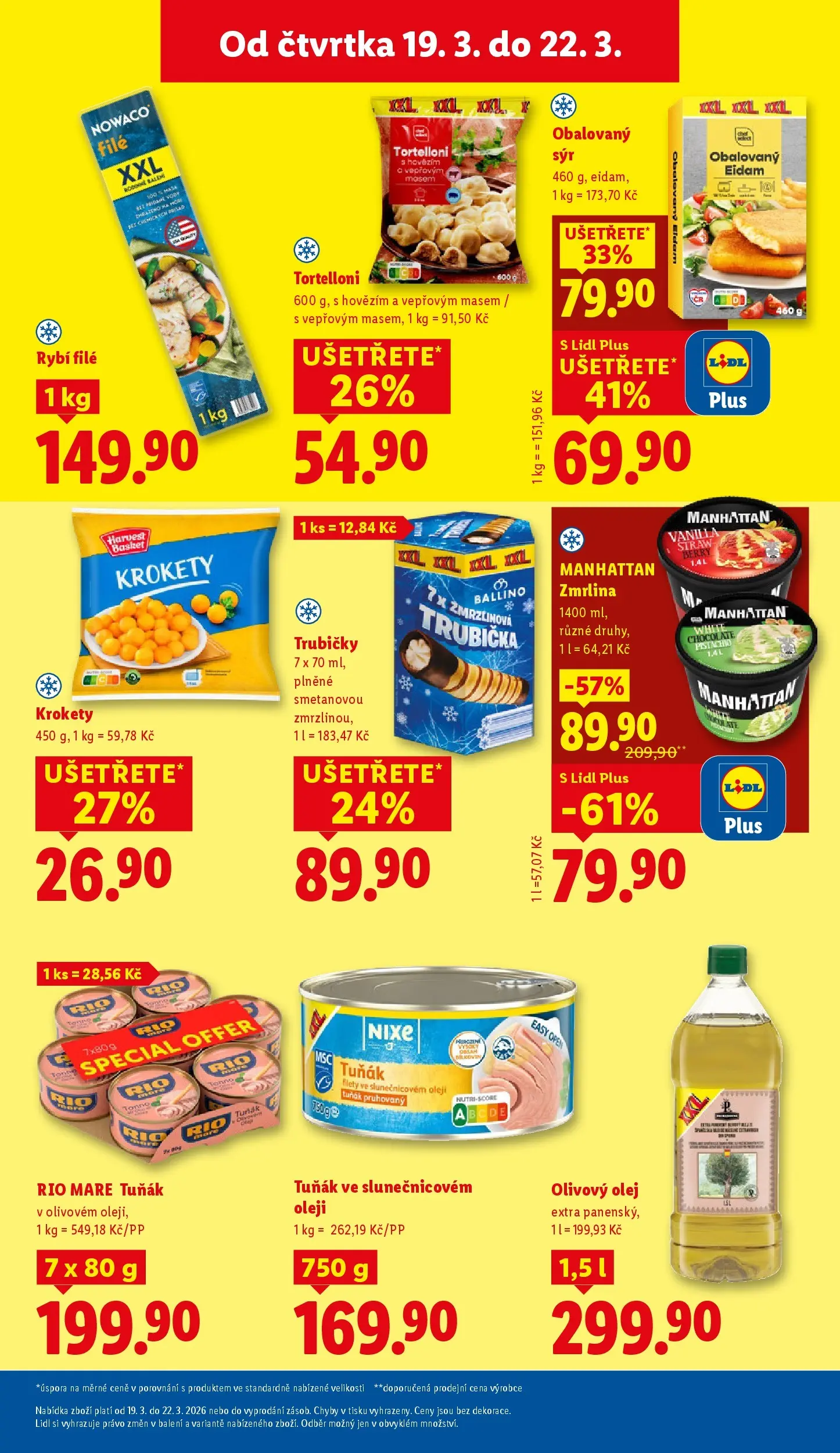 Lidl leták od 18.03.2026 - Nový akční leták | Strana: 19 | Produkty: Tuňák, Olivový olej, Eidam, Manhattan
