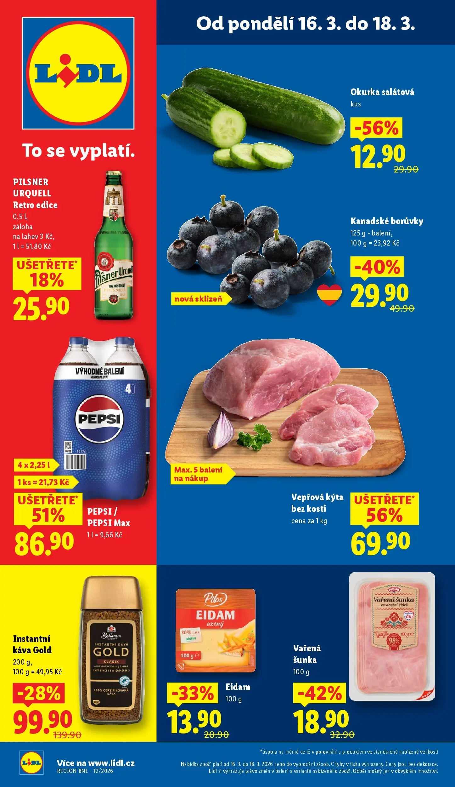 Lidl leták od 15.03.2026 - Nový akční leták | Strana: 1 | Produkty: Káva, Pilsner Urquell, Kýta, Cola