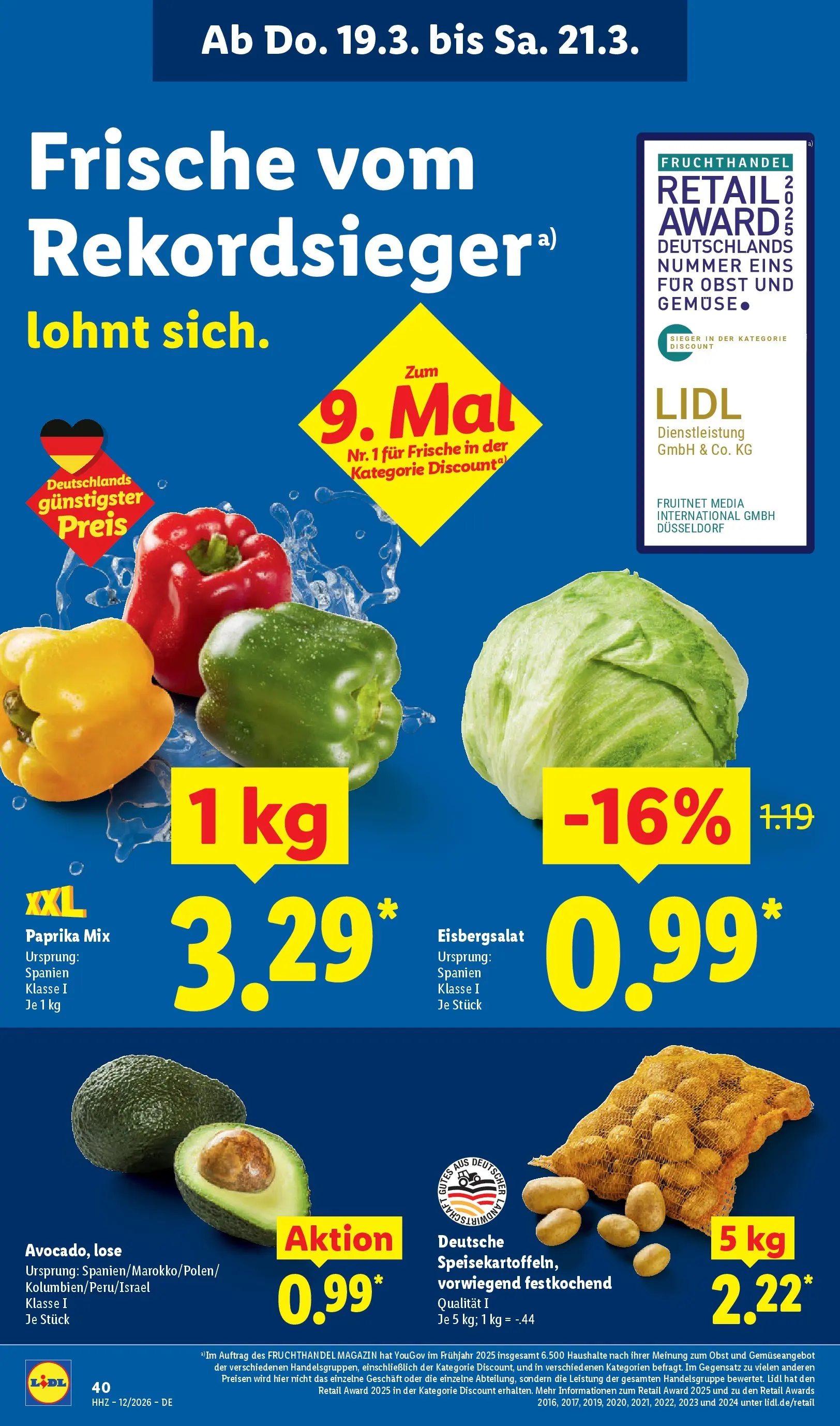 Lidl Prospekt Hof-innenstadt (ab 16.03.2026) zum Blättern » Angebote | Seite: 62 | Produkte: Eisbergsalat, Gemüse, Paprika, Obst