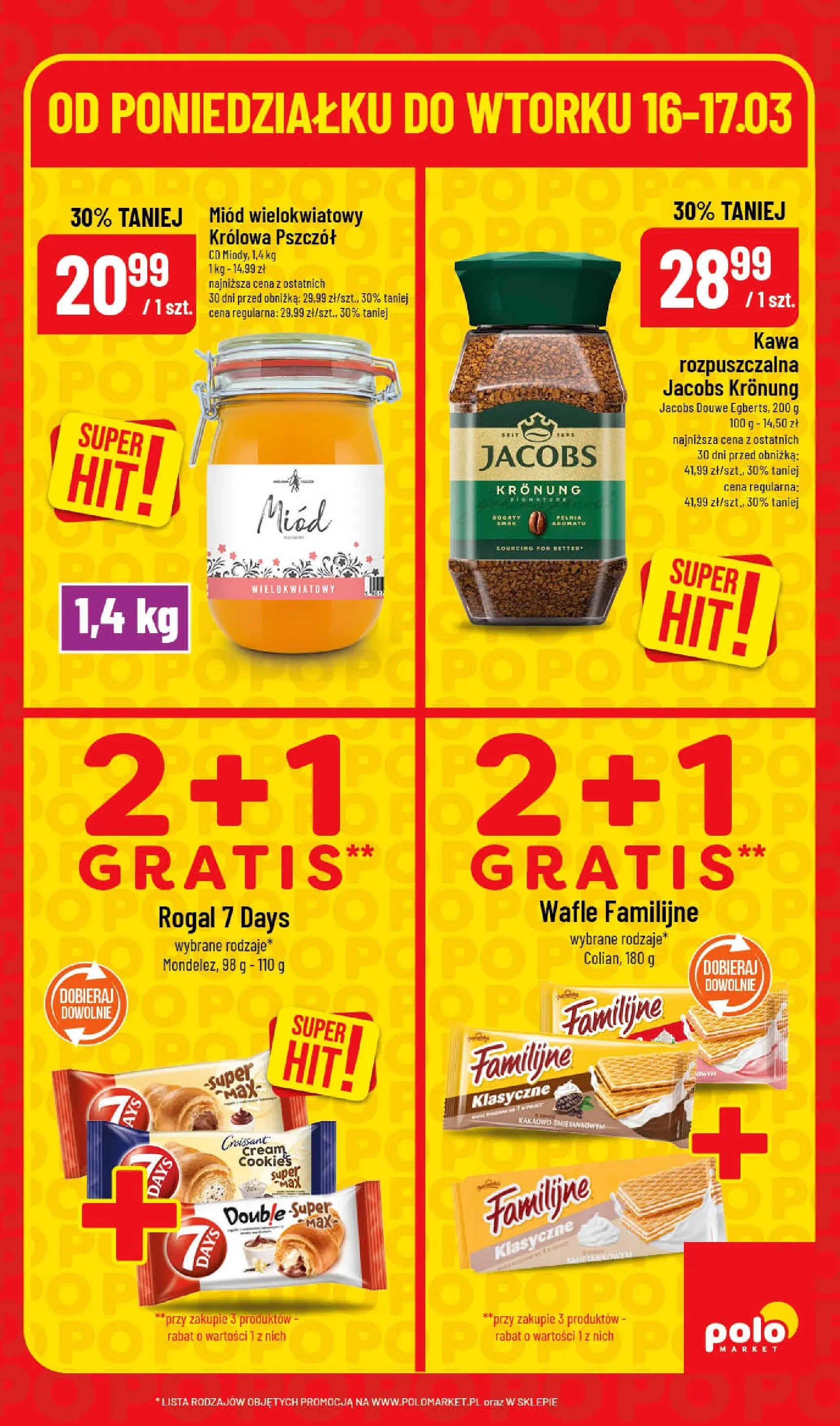 Nowa POLOmarket gazetka od jutra 16.03.2026 | Strona: 5 | Produkty: Miód, Wafle, Kawa rozpuszczalna, Kawa rozpuszczalna Jacobs Kronung