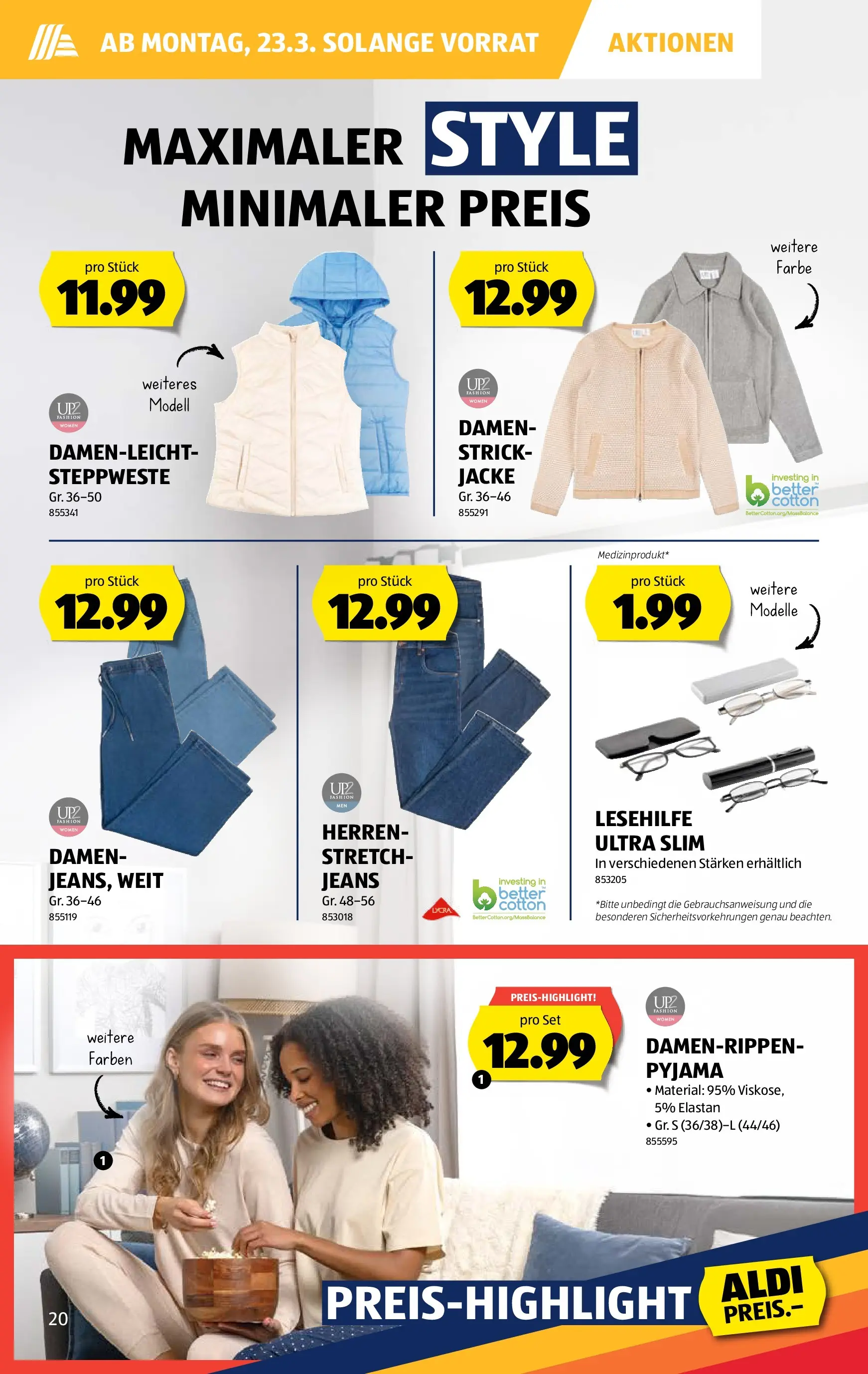 Aldi Aktionen (18.03.2026 - 26.03.2026) - Prospekt | Seite: 20 | Produkte: Steppweste, Jacke, Pyjama, Jeans