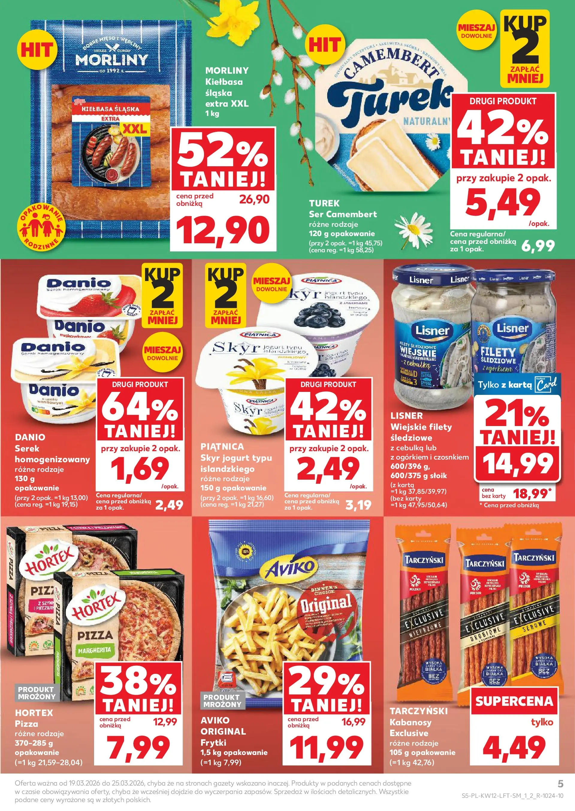 Kaufland gazetka od 19.03.2026 - od jutra PDF | Strona: 5 | Produkty: Kabanosy, Ser, Pizza, Skyr