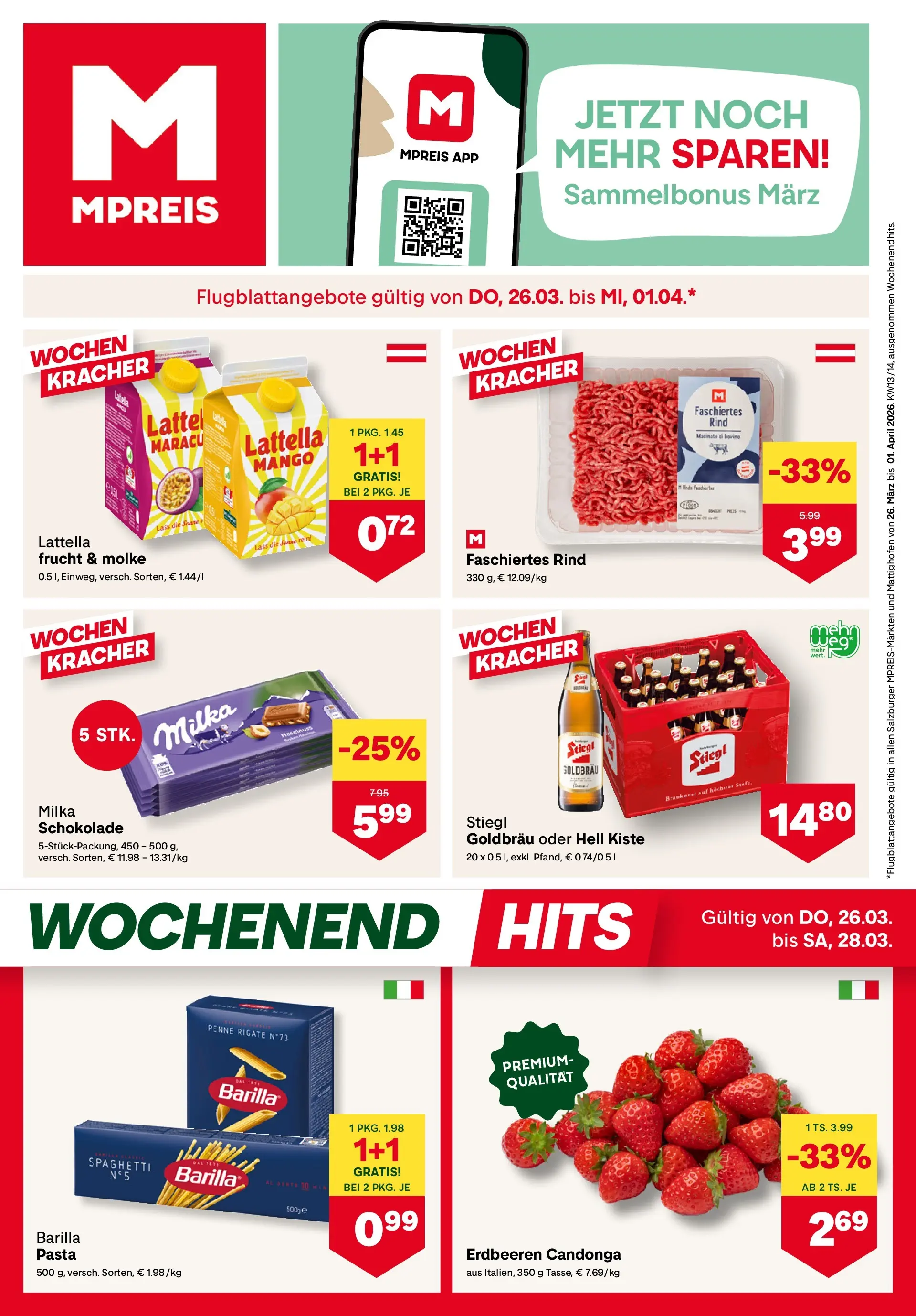 MPREIS Saalbach von 26.03.2026 - Aktuelle Angebote | Seite: 1 | Produkte: Erdbeeren, Pasta, Mango, Schokolade