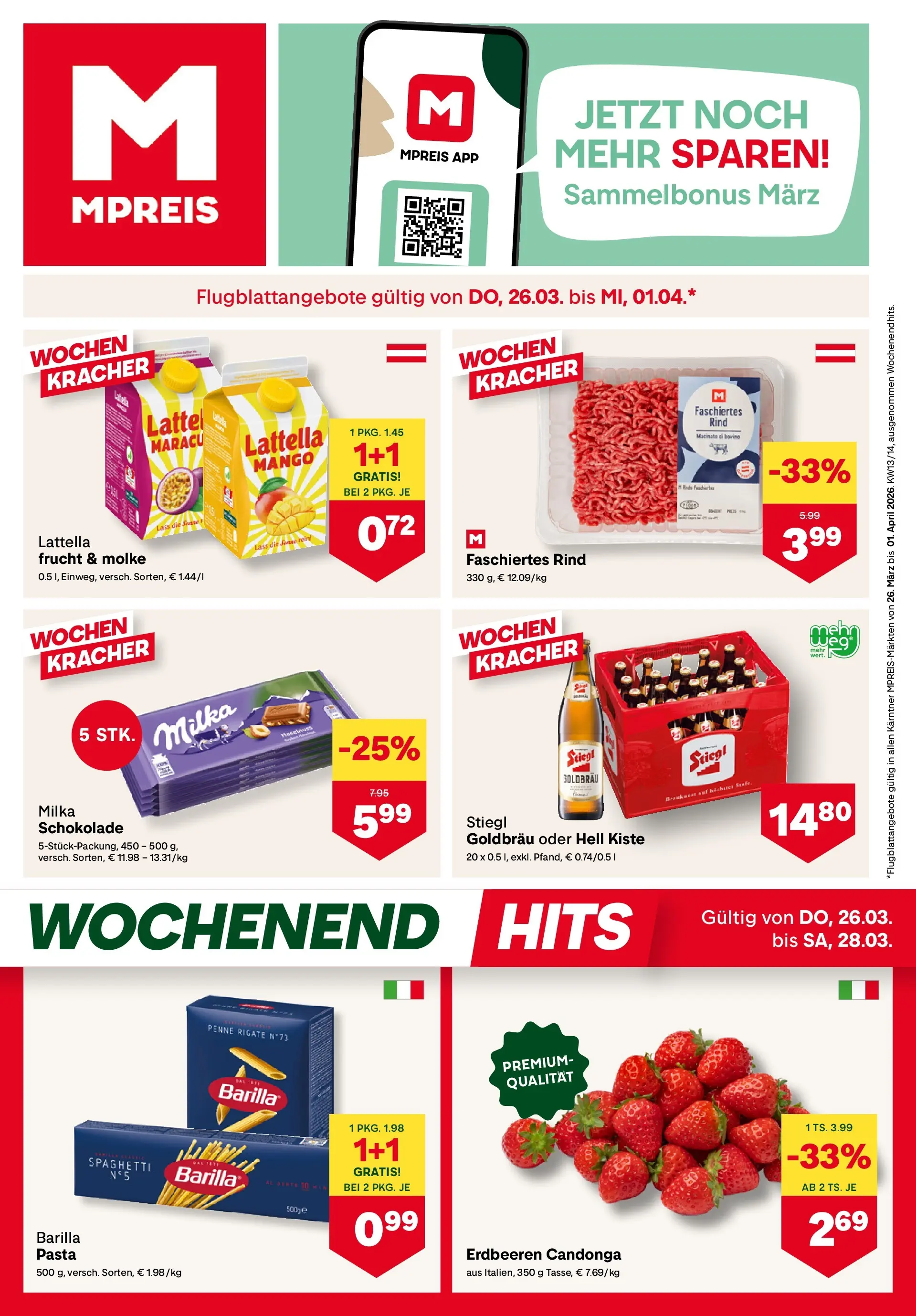 MPREIS Velden von 26.03.2026 - Aktuelle Angebote | Seite: 1 | Produkte: Erdbeeren, Pasta, Hajdina liszt, Schokolade