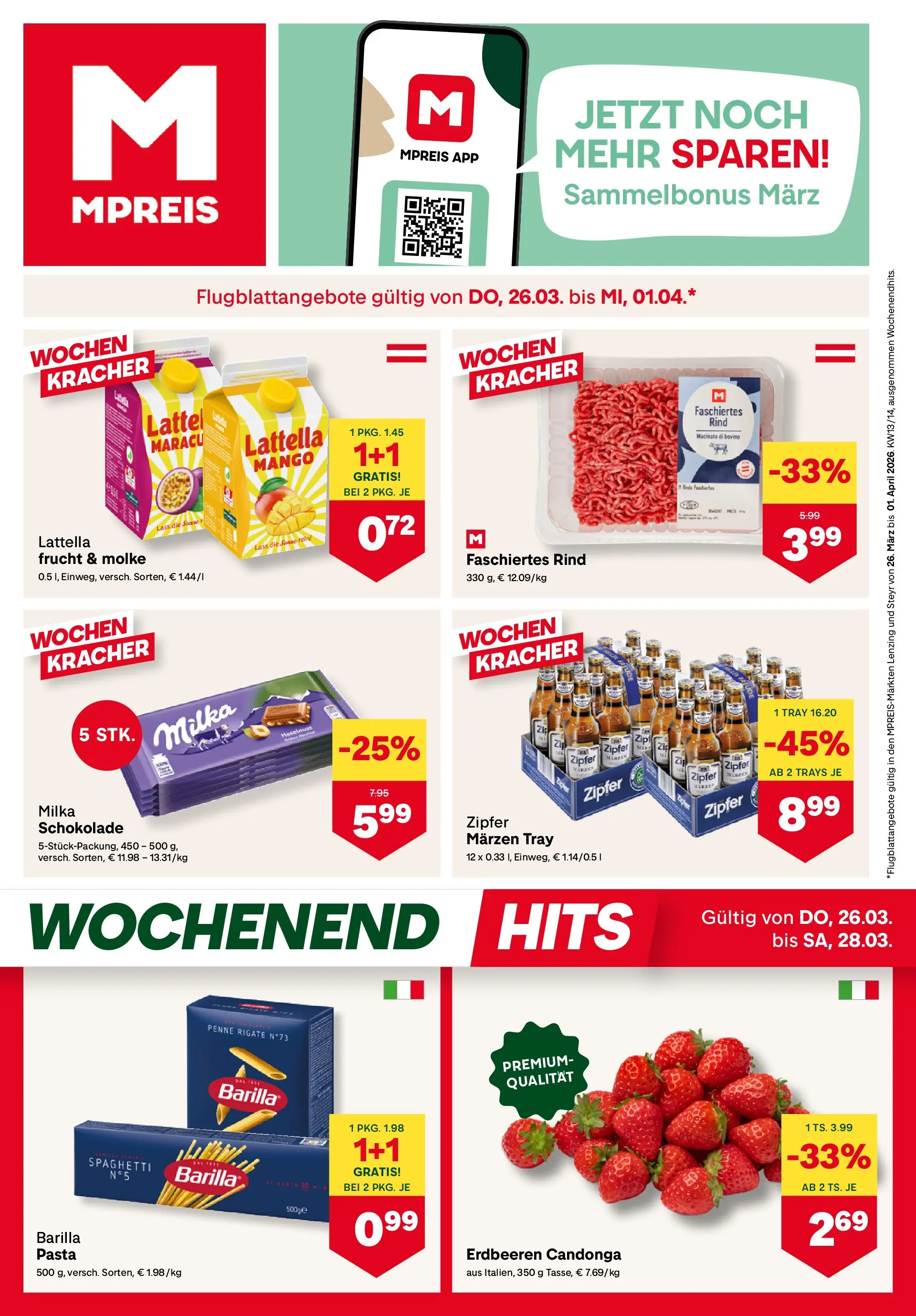 MPREIS Steyr von 26.03.2026 - Aktuelle Angebote | Seite: 1 | Produkte: Erdbeeren, Pasta, Mango, Hajdina liszt