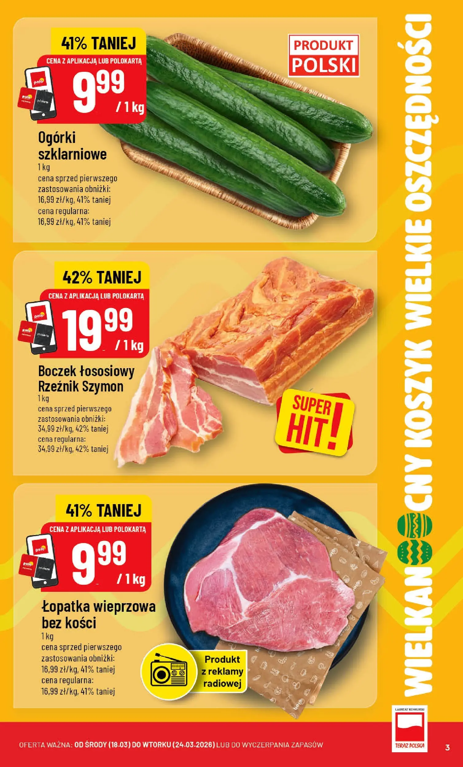 Nowa POLOmarket gazetka od jutra 18.03.2026 | Strona: 3 | Produkty: Boczek, Łopatka wieprzowa, Ogórki