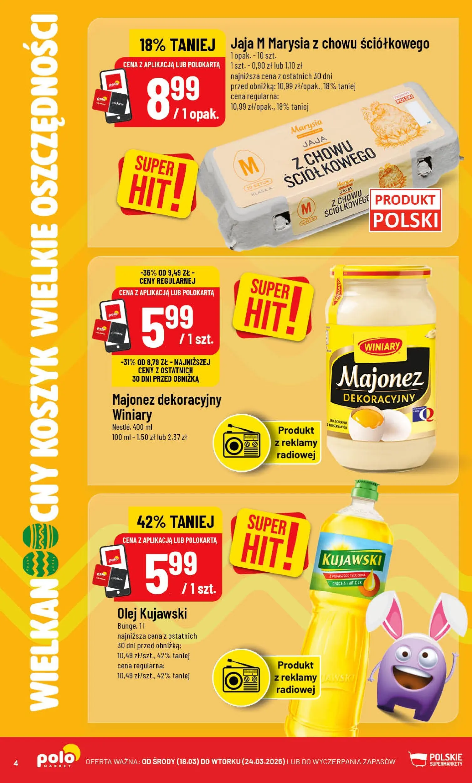 Nowa POLOmarket gazetka od jutra 18.03.2026 | Strona: 4 | Produkty: Olej kujawski, Olej, Majonez, Jaja