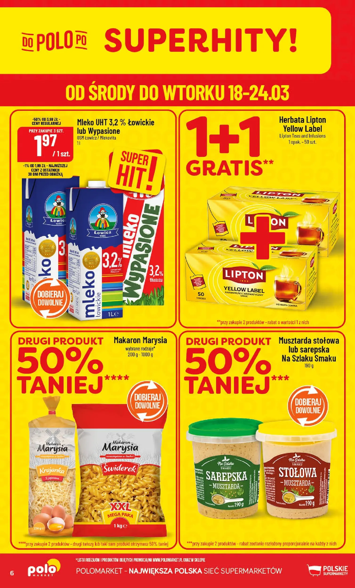 Nowa POLOmarket gazetka od jutra 18.03.2026 | Strona: 6 | Produkty: Musztarda, Mleko, Herbata, Makaron
