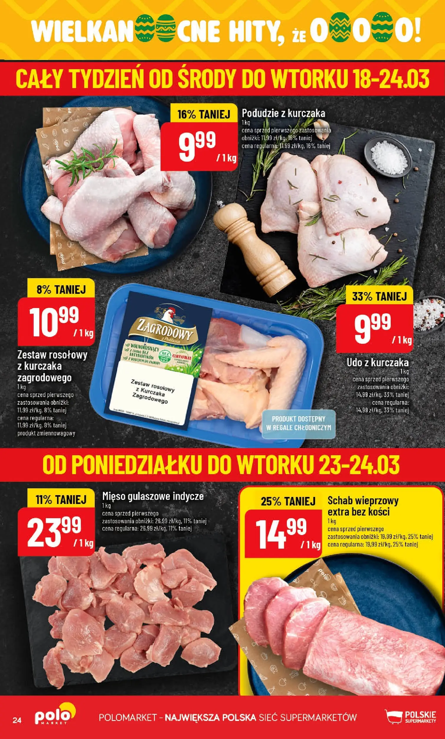 Nowa POLOmarket gazetka od jutra 18.03.2026 | Strona: 24 | Produkty: Schab, Mięso, Podudzie z kurczaka, Schab wieprzowy
