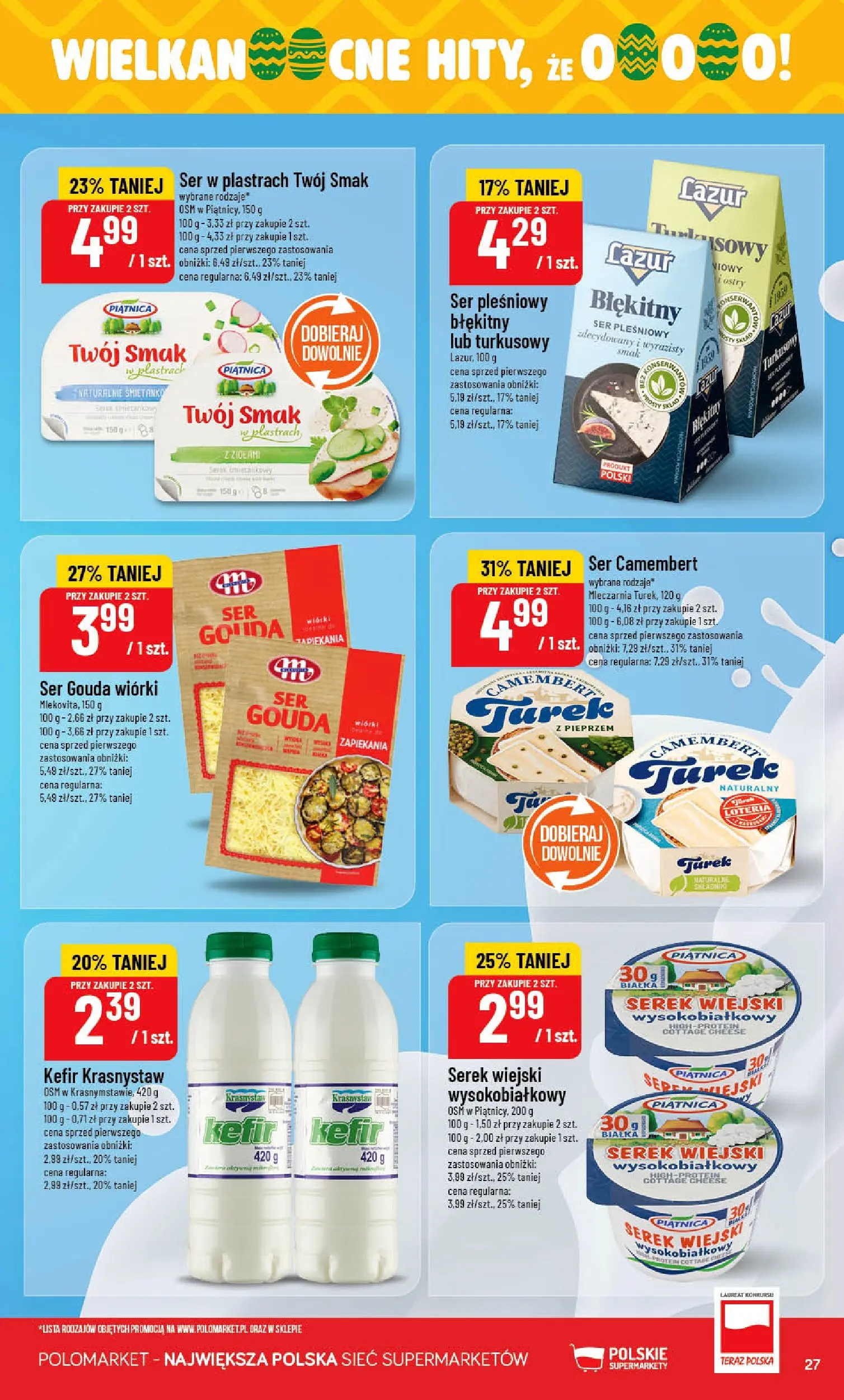 Nowa POLOmarket gazetka od jutra 18.03.2026 | Strona: 27 | Produkty: Ser pleśniowy, Kefir, Camembert, Ser
