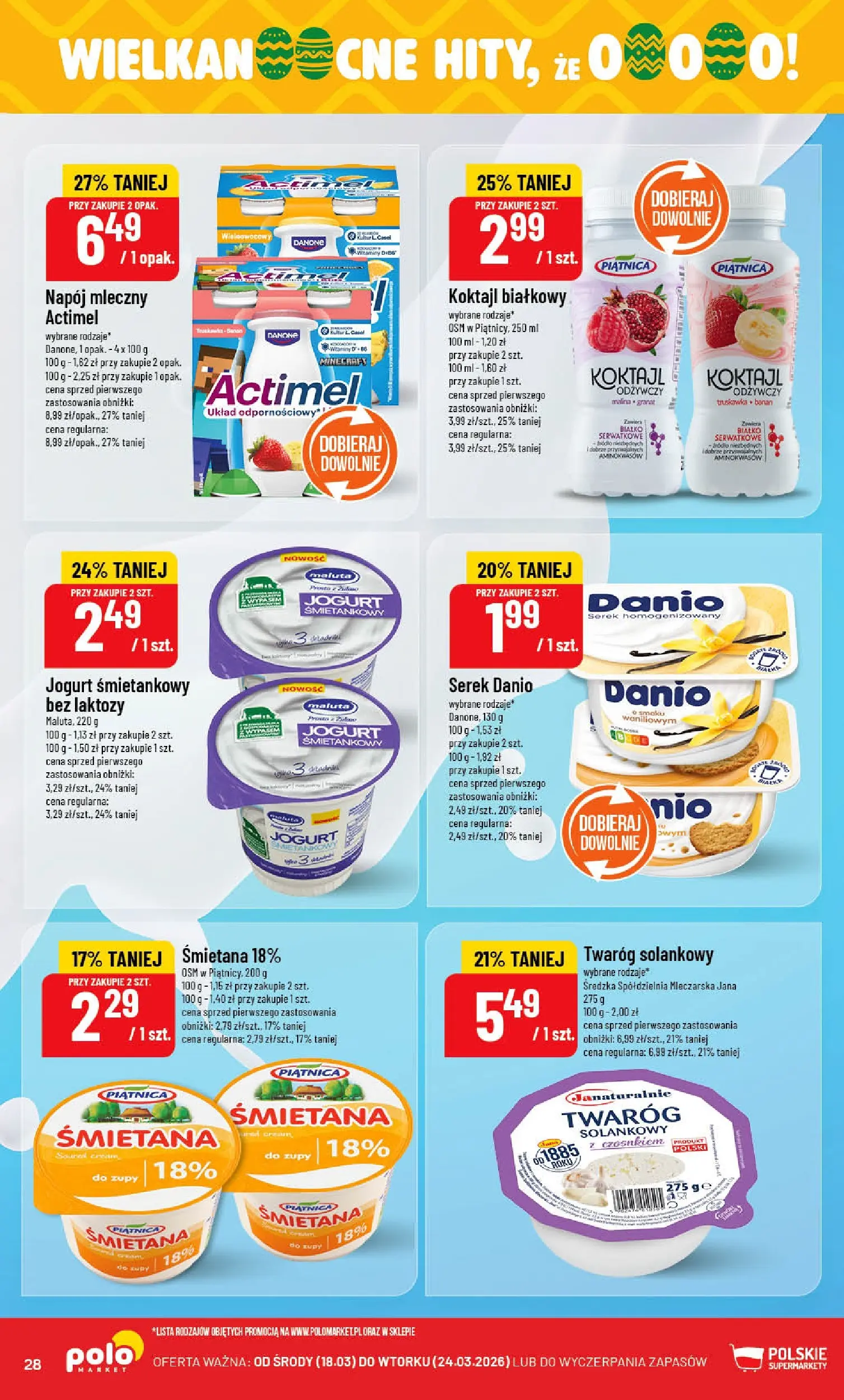 Nowa POLOmarket gazetka od jutra 18.03.2026 | Strona: 28 | Produkty: Bez laktozy, Serek homogenizowany, Jogurt, Śmietana