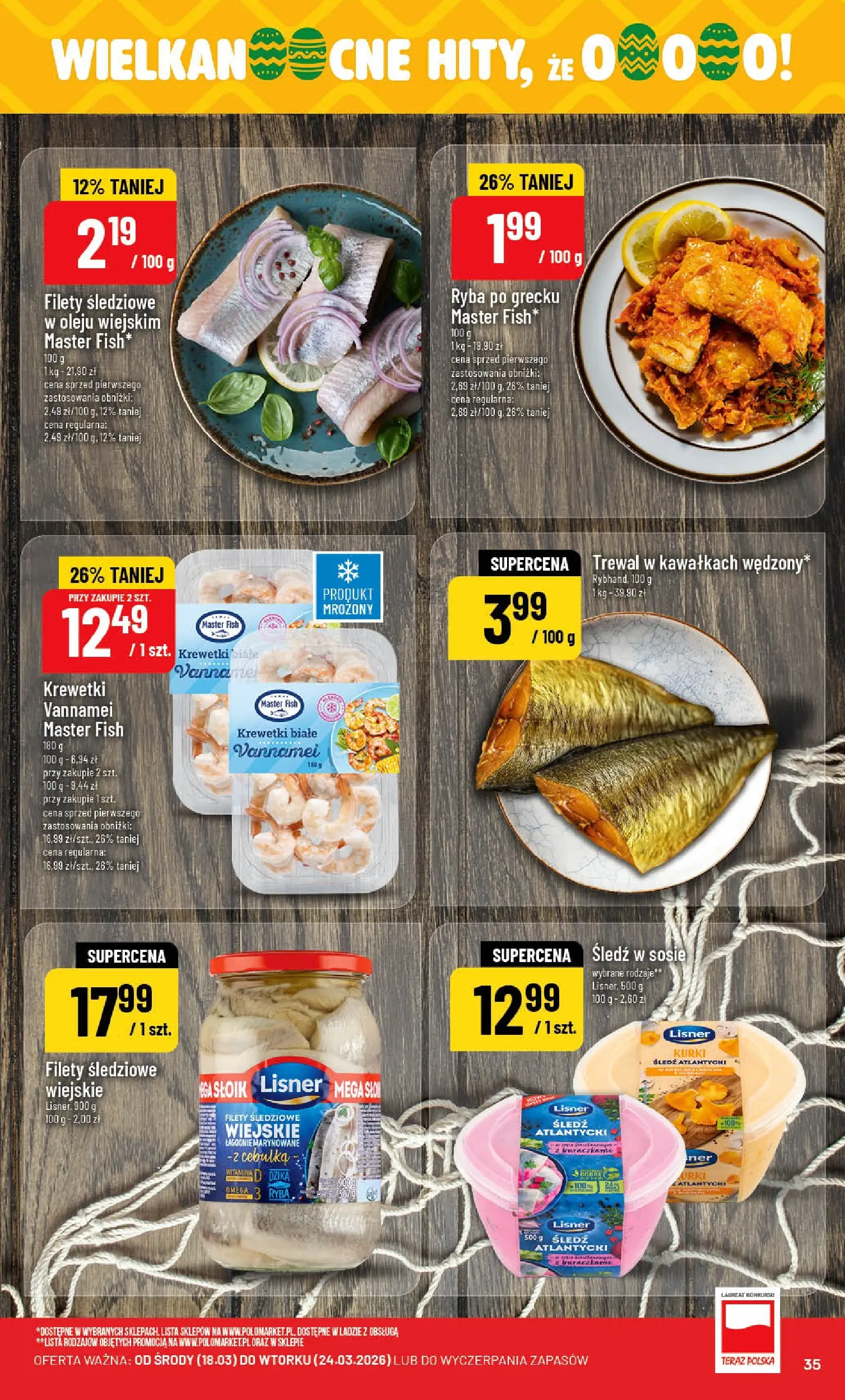 Nowa POLOmarket gazetka od jutra 18.03.2026 | Strona: 35 | Produkty: Krewetki, Ryba po grecku, Krewetki vannamei, Ryba