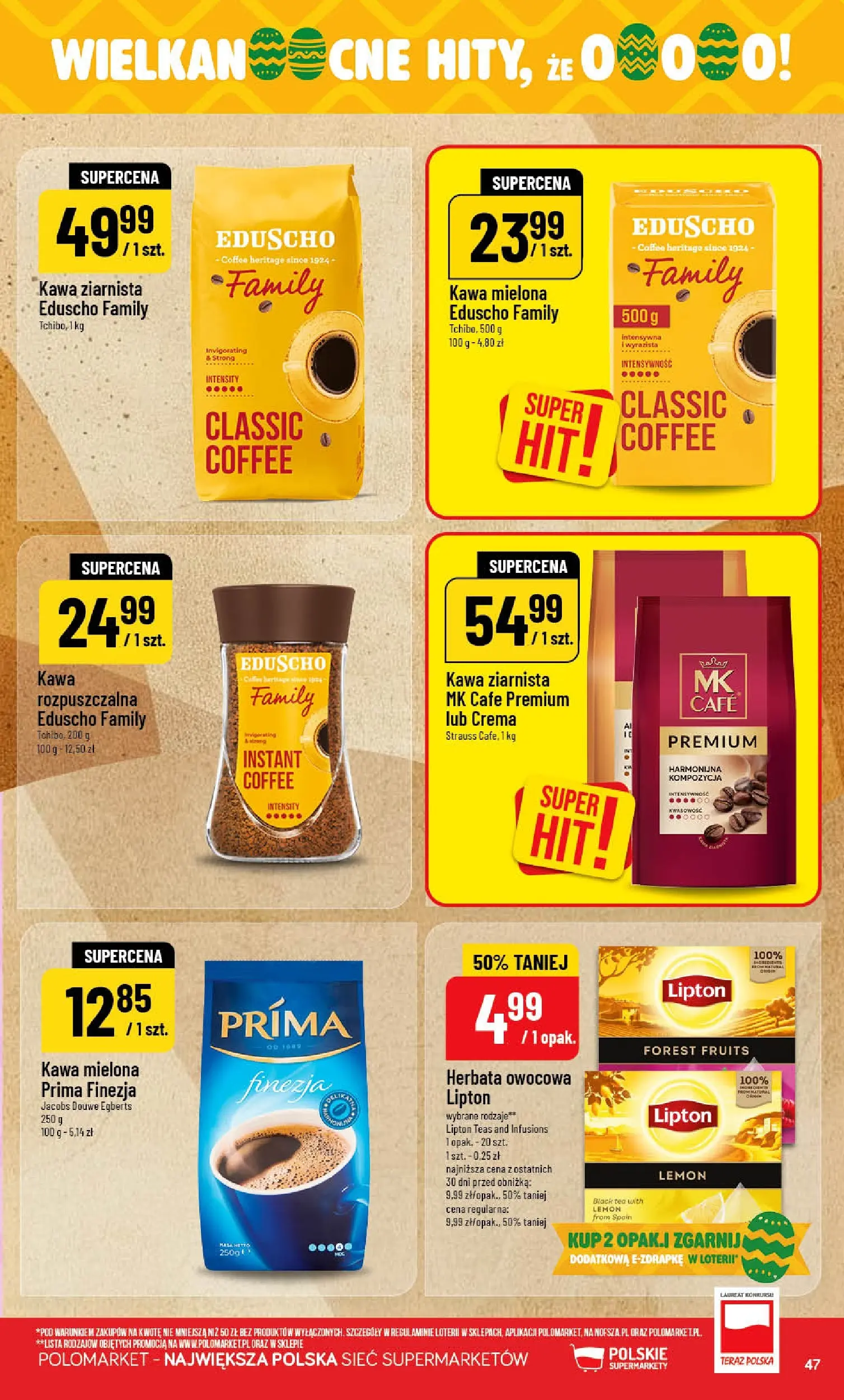 Nowa POLOmarket gazetka od jutra 18.03.2026 | Strona: 47 | Produkty: Kawa mielona Prima, Kawa ziarnista, Kawa, Herbata