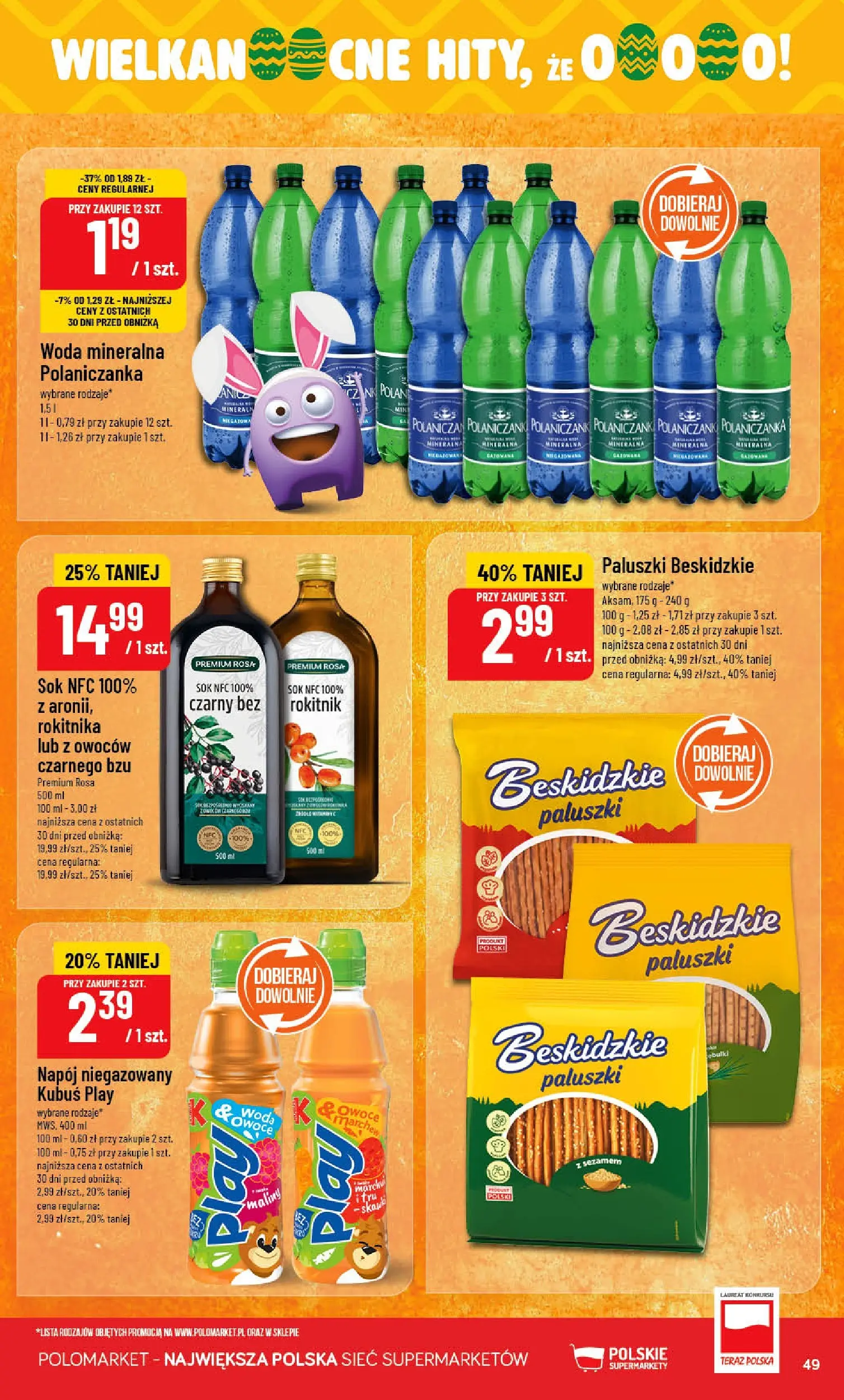Nowa POLOmarket gazetka od jutra 18.03.2026 | Strona: 49 | Produkty: Maliny, Paluszki, Sok, Woda