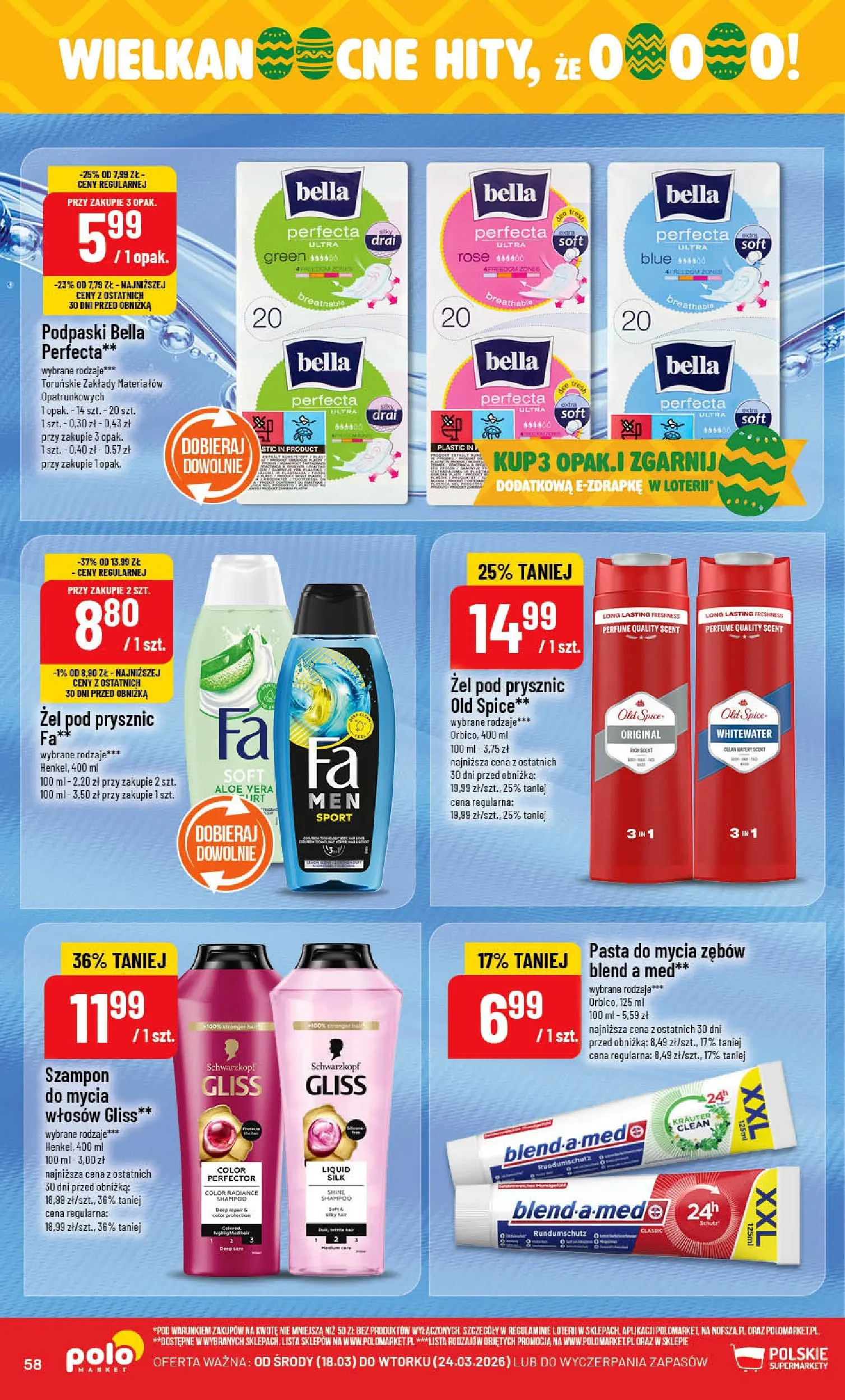 Nowa POLOmarket gazetka od jutra 18.03.2026 | Strona: 58 | Produkty: Podpaski bella, Podpaski, Żel pod prysznic, Old spice