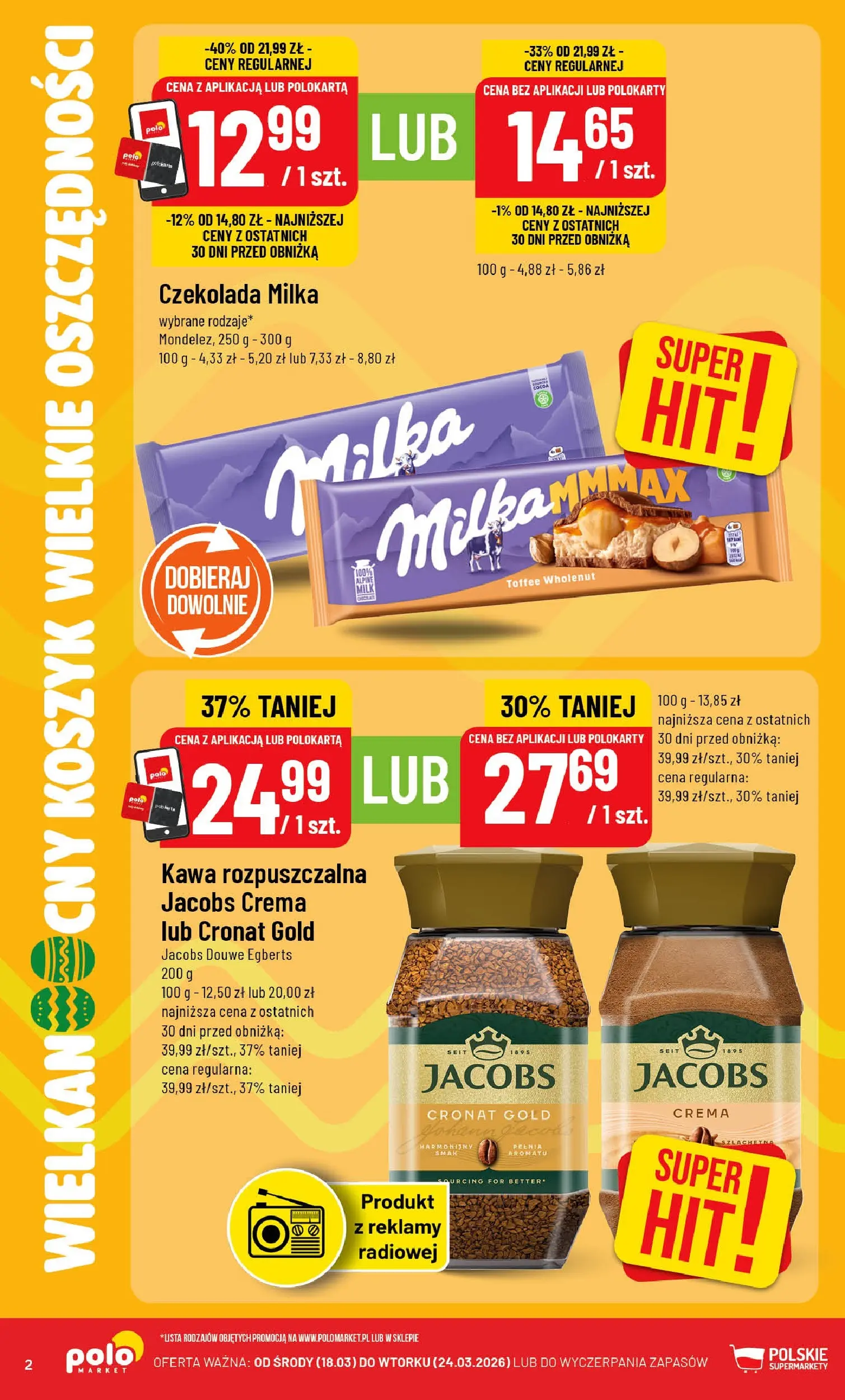 Nowa POLOmarket gazetka od jutra 18.03.2026 | Strona: 2 | Produkty: Czekolada milka, Milka, Kawa, Czekolada