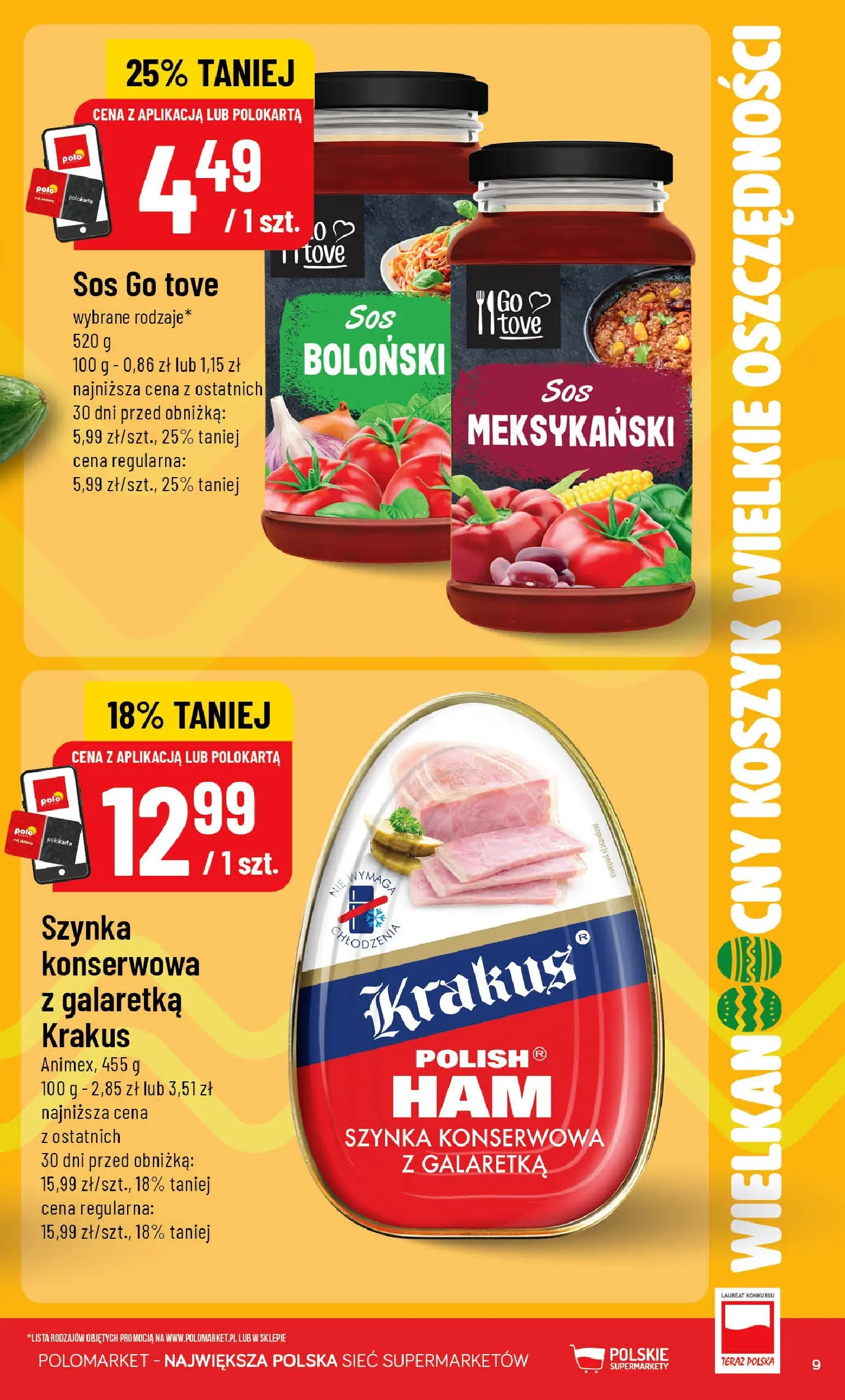 Nowa POLOmarket gazetka od jutra 18.03.2026 | Strona: 9 | Produkty: Galaretka, Szynka, Sos