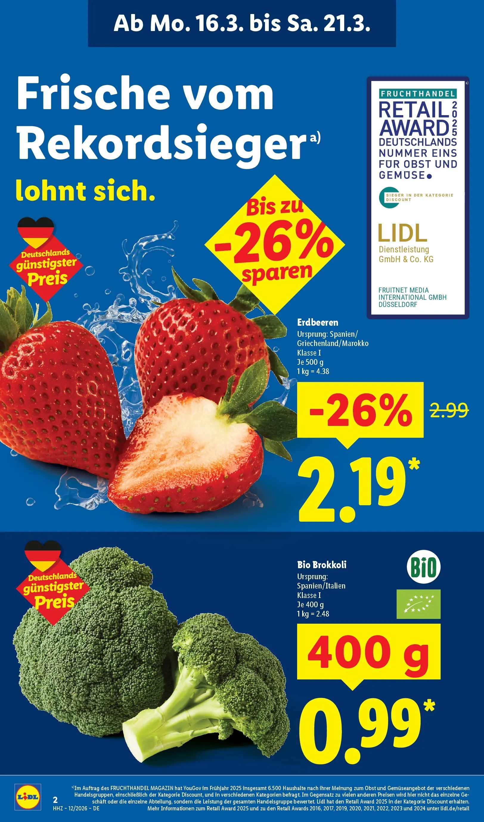 Lidl Prospekt Hof-innenstadt (ab 16.03.2026) zum Blättern » Angebote | Seite: 4 | Produkte: Obst, Brokkoli, Erdbeeren