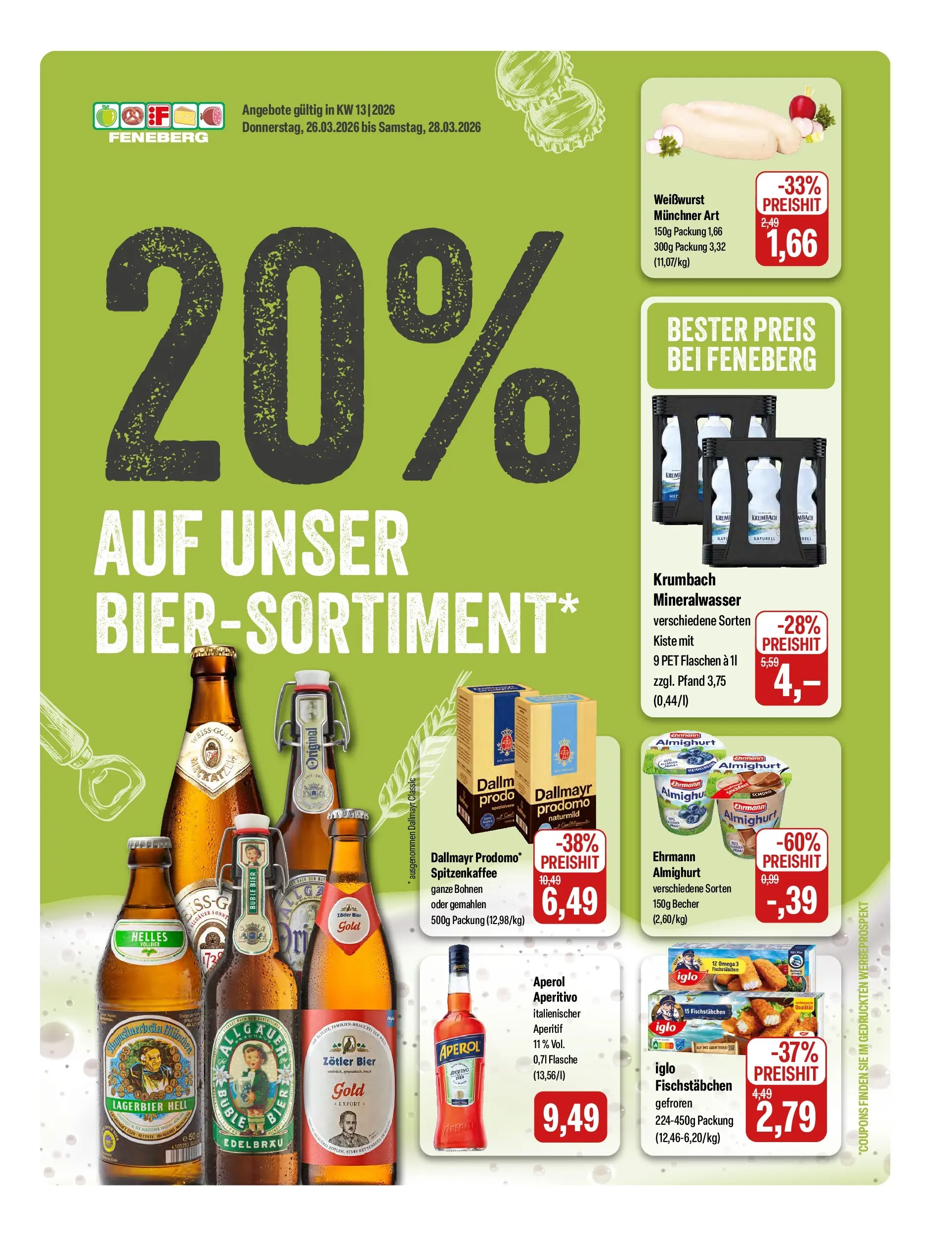 Feneberg Aktuelle Angebote (ab 26.03.2026) zum Blättern | Seite: 1 | Produkte: Bier, Mineralwasser, Fischstabchen, Aperol