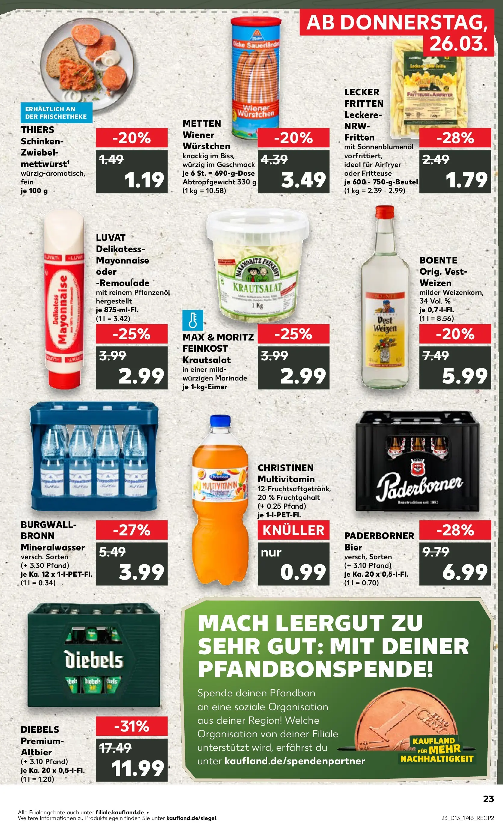 Prospekt Kaufland ab 26.03.2026 » Angebote Online zum Blättern | Seite: 23 | Produkte: Sonnenblumenol, Mineralwasser, Diebels, Schinken