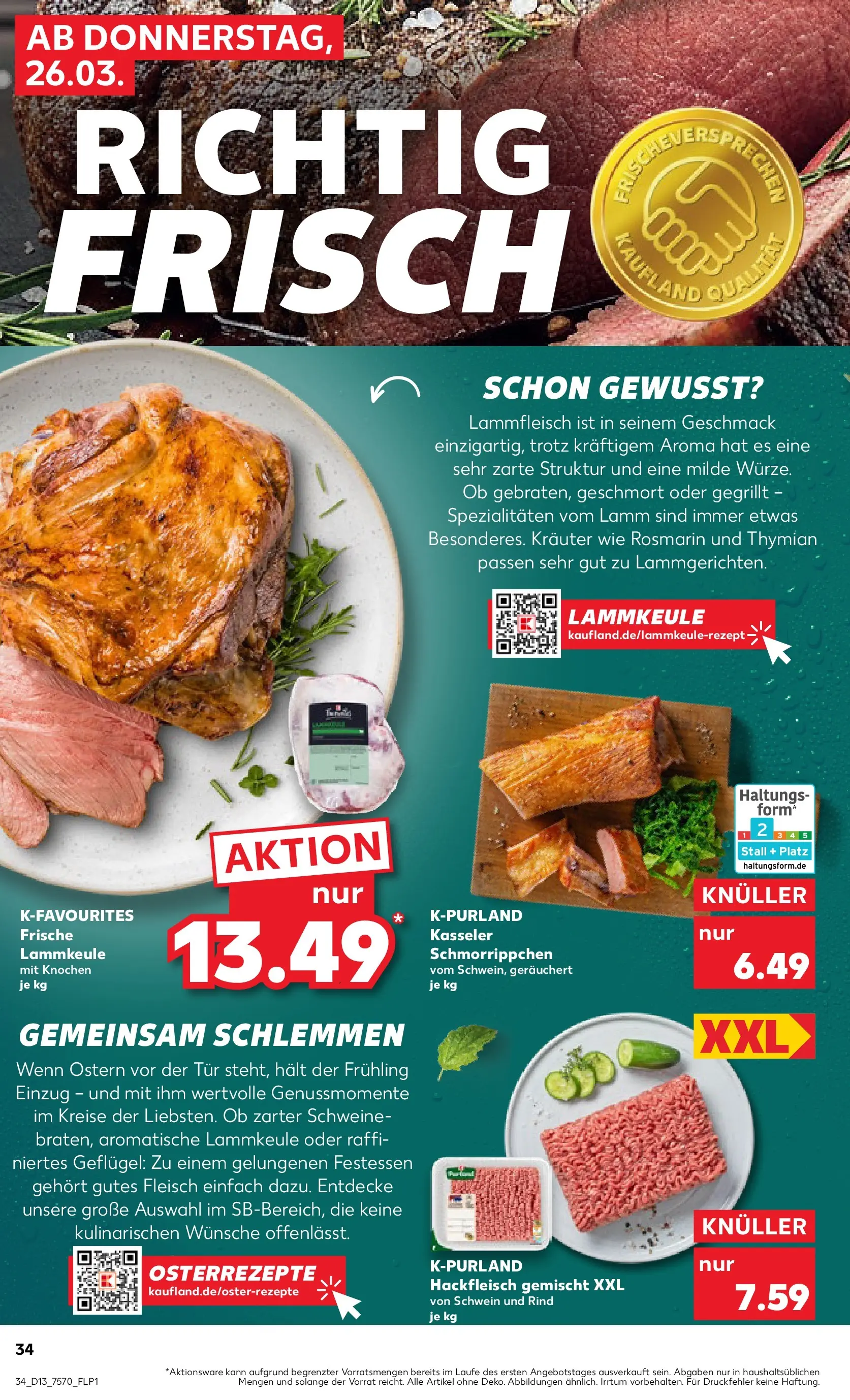 Prospekt Kaufland ab 26.03.2026 » Angebote Online zum Blättern | Seite: 34 | Produkte: Lammkeule, Tür, Fleisch, Hackfleisch