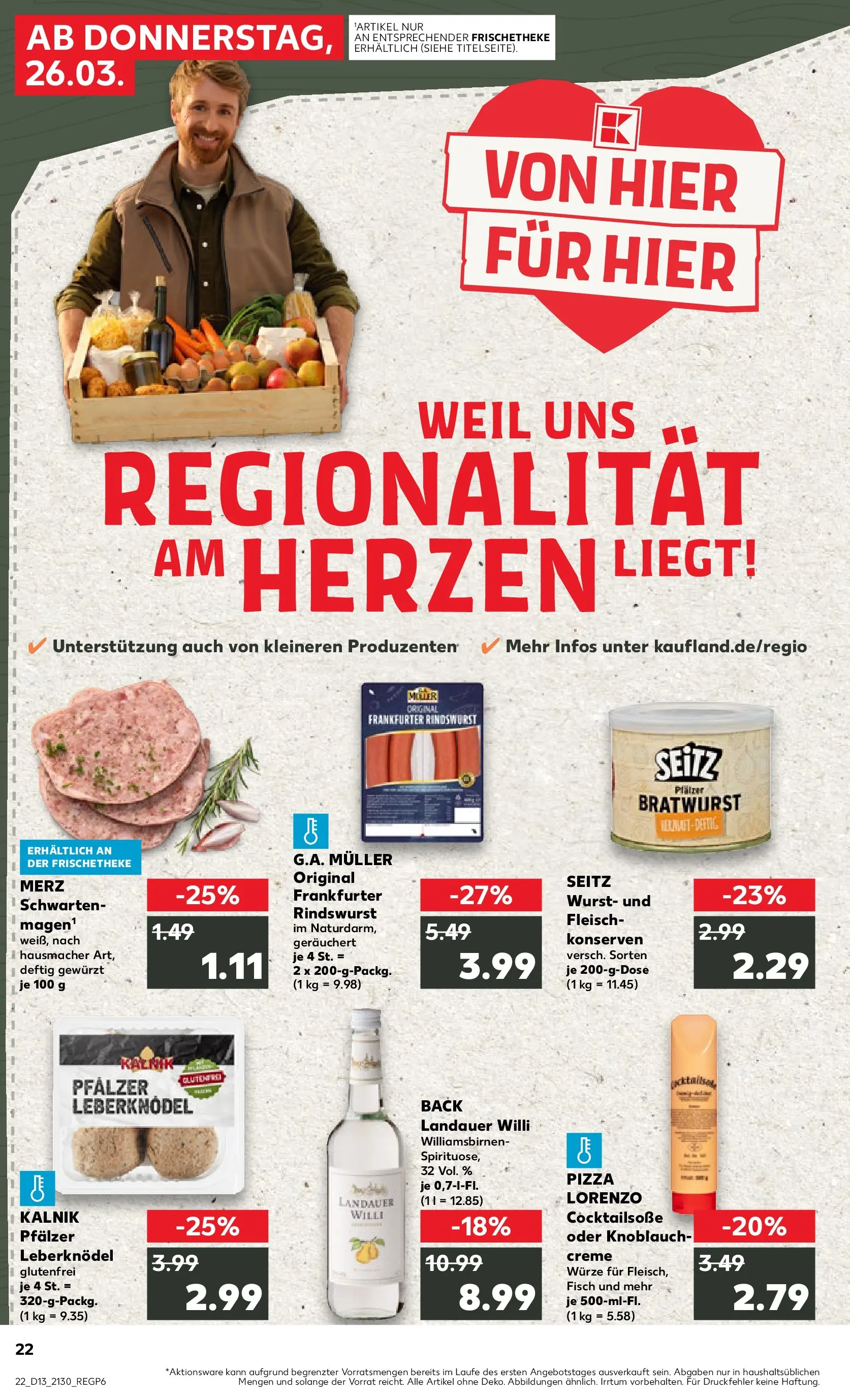 Prospekt Kaufland ab 26.03.2026 » Angebote Online zum Blättern | Seite: 22 | Produkte: Bratwurst, Fisch, Knoblauch, Pizza