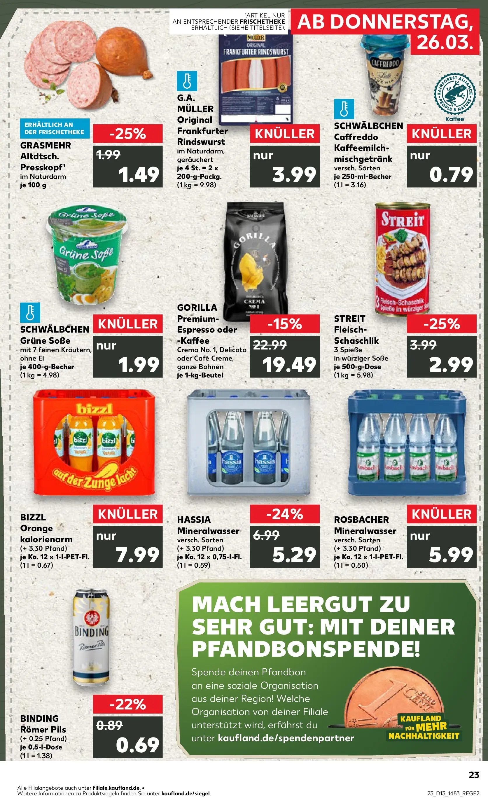 Prospekt Kaufland ab 26.03.2026 » Angebote Online zum Blättern | Seite: 23 | Produkte: Kaffee, Pils, Spieße, Mineralwasser