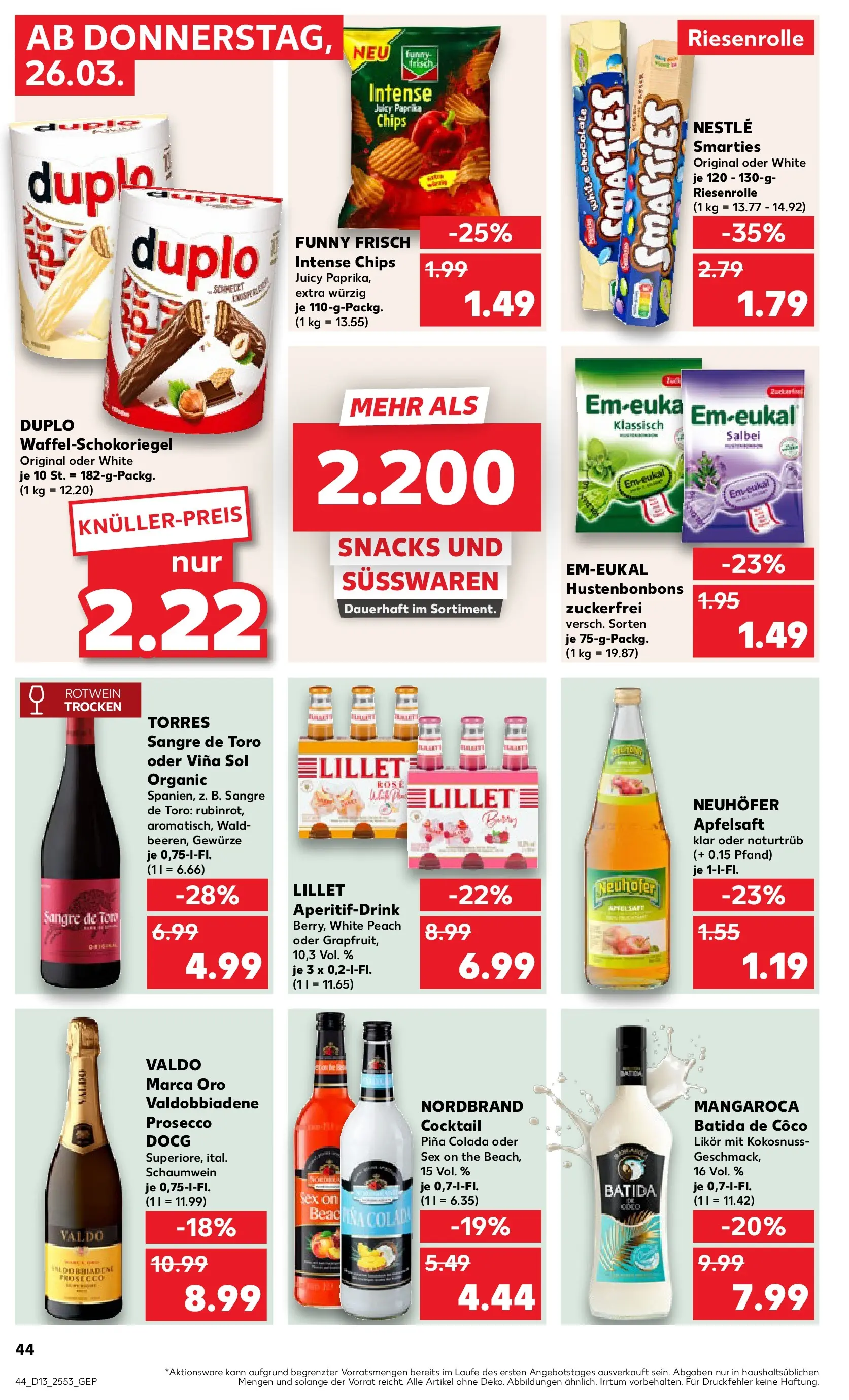Prospekt Kaufland ab 26.03.2026 » Angebote Online zum Blättern | Seite: 44 | Produkte: Likör, Batida de coco, Smarties, Funny frisch