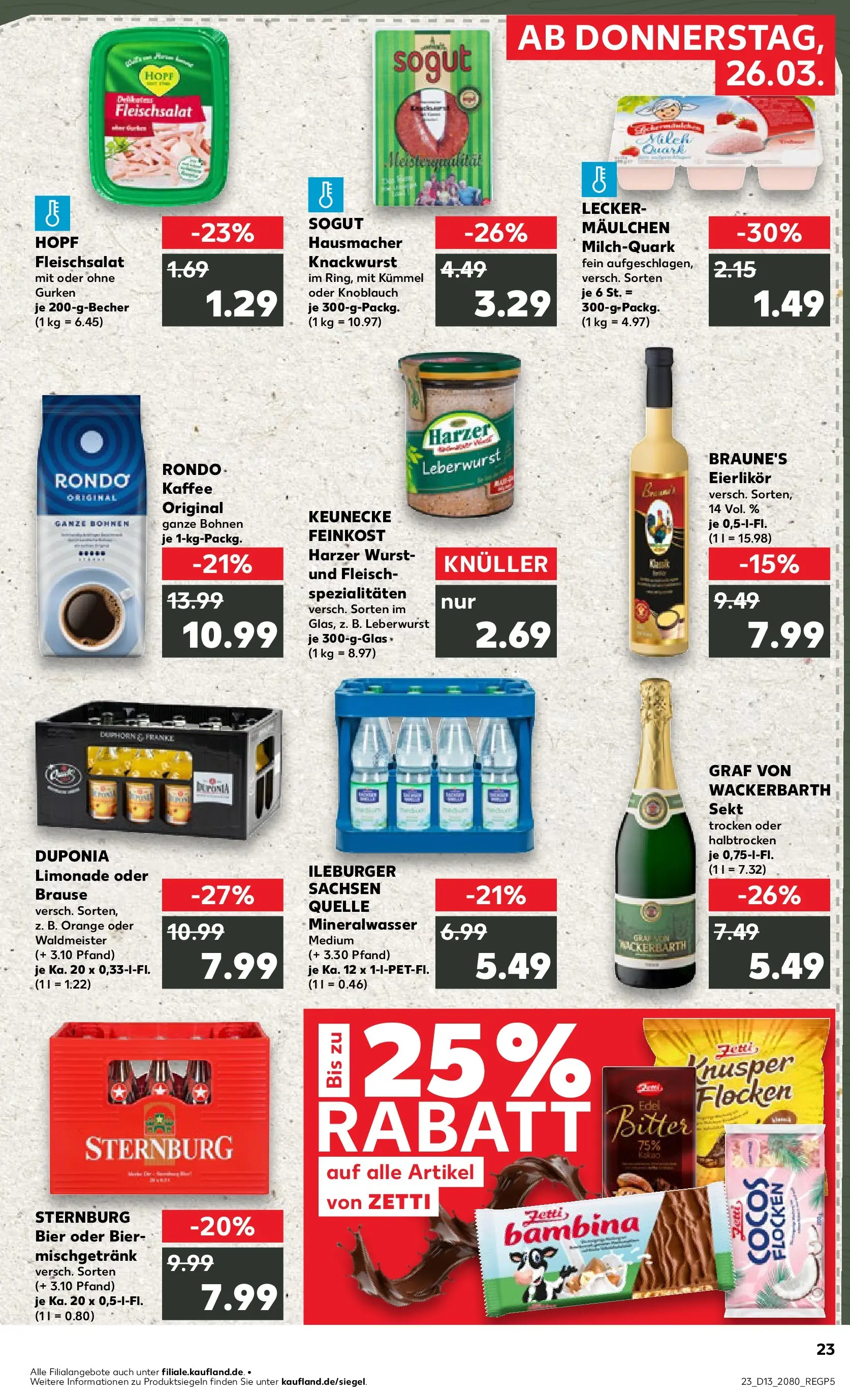 Prospekt Kaufland ab 26.03.2026 » Angebote Online zum Blättern | Seite: 23 | Produkte: Quark, Bier, Sekt, Gurken