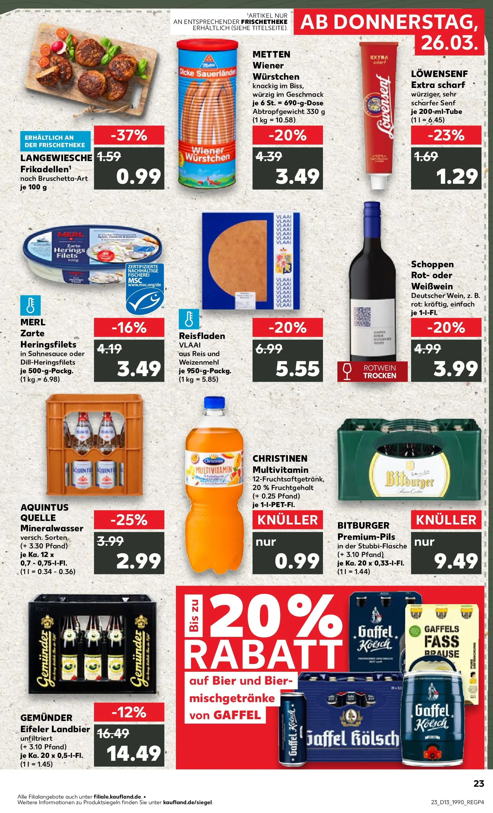 Prospekt Kaufland ab 26.03.2026 » Angebote Online zum Blättern | Seite: 23 | Produkte: Wiener wurstchen, Bier, Weizenmehl, Mineralwasser